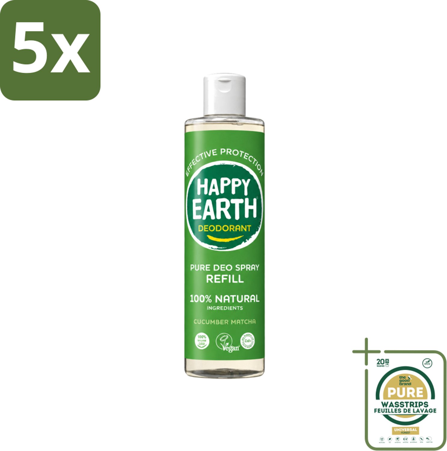 5 x Happy Earth – Deodorant Spray Navulling – 100% Natuurlijk Cucumber Matcha – 300 ml - Wasstrips - Deodorant Spray - Natuurlijke Deodorant - Frisse Geur - Komkommer Matcha - Anti-geur