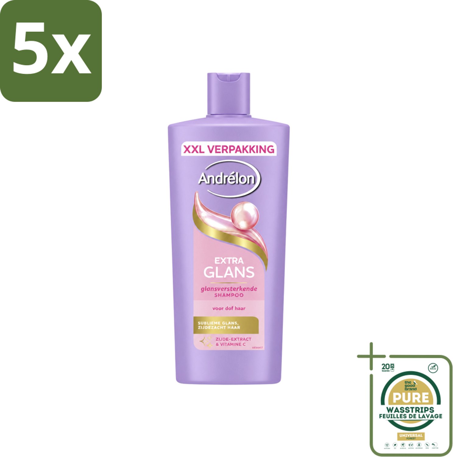 5 x Andrélon – Shampoo – Extra Glans – 685 ml - Wasstrips - Haarverzorging - Glansgevende Shampoo - Dof Haar - Zijde-extract - Vitamine C