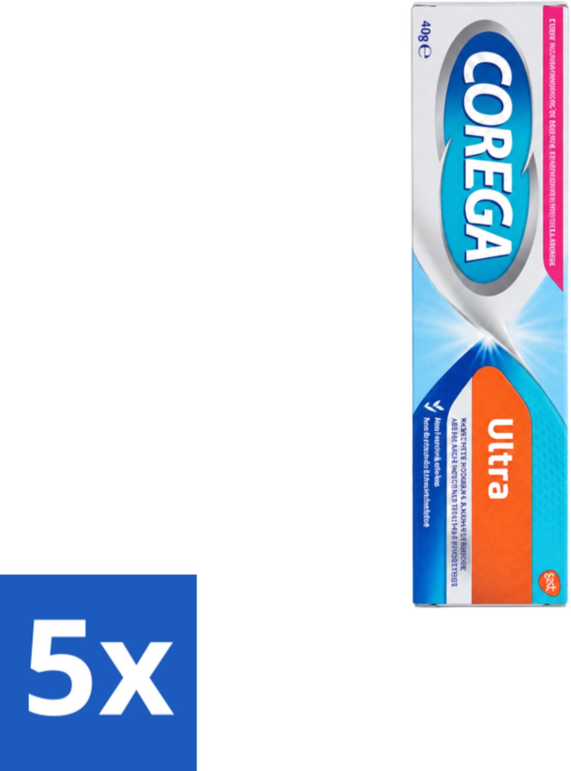 5 x Corega Ultra Kleefcrème - Krachtig Houvast & Bescherming - Met Verfrissende Mintsmaak - 40g - Voordeelverpakking - 5 stuks