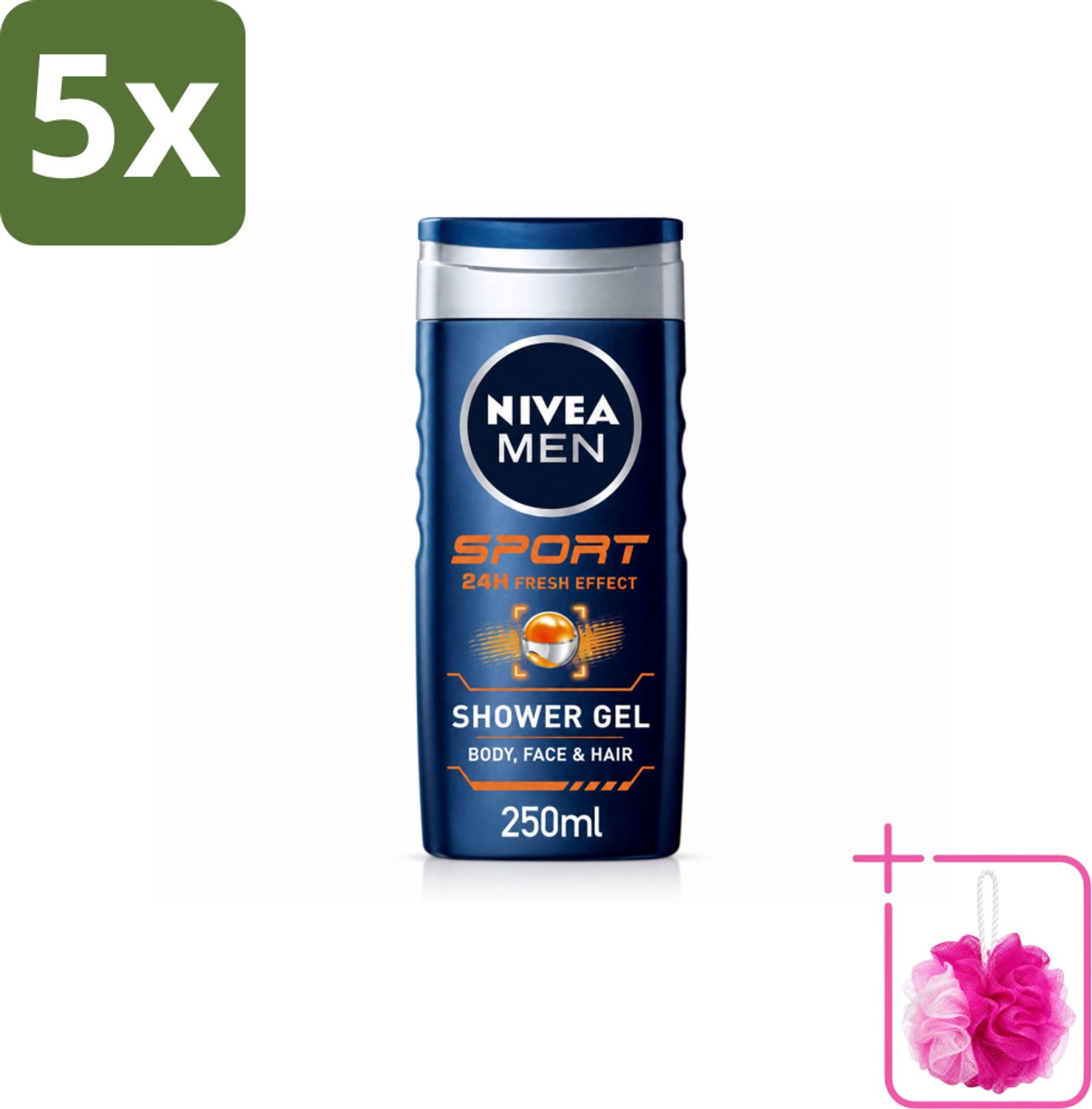 5 x NIVEA MEN – Douchegel – Sport – 250 ml - Bulkverpakking - Sportdouchegel - Douchemop - Fris na sporten