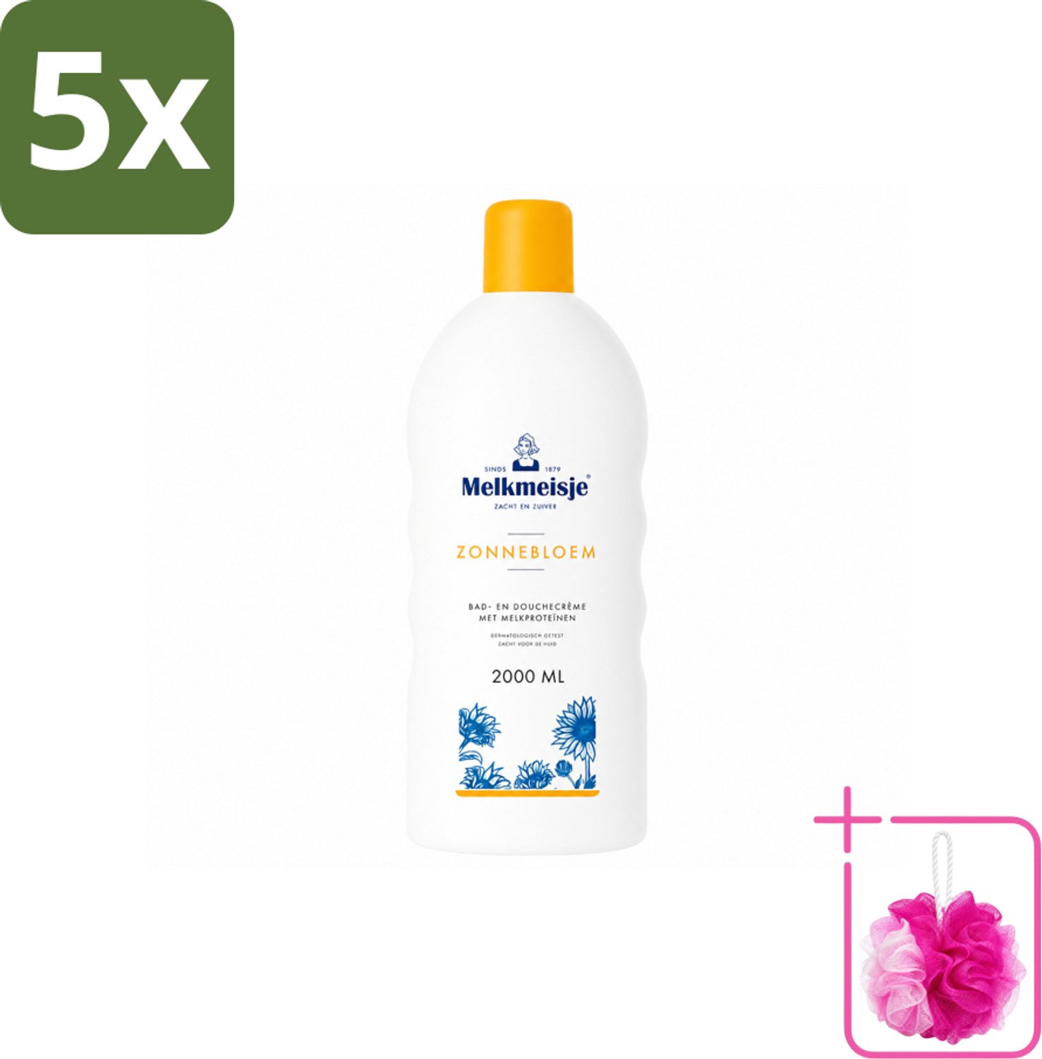 5 x Melkmeisje – Bad & Douchecrème – Zonnebloem – 2000 ml - Bulkverpakking - Bad en douche crème - Douchemop - Zonnebloem en melk