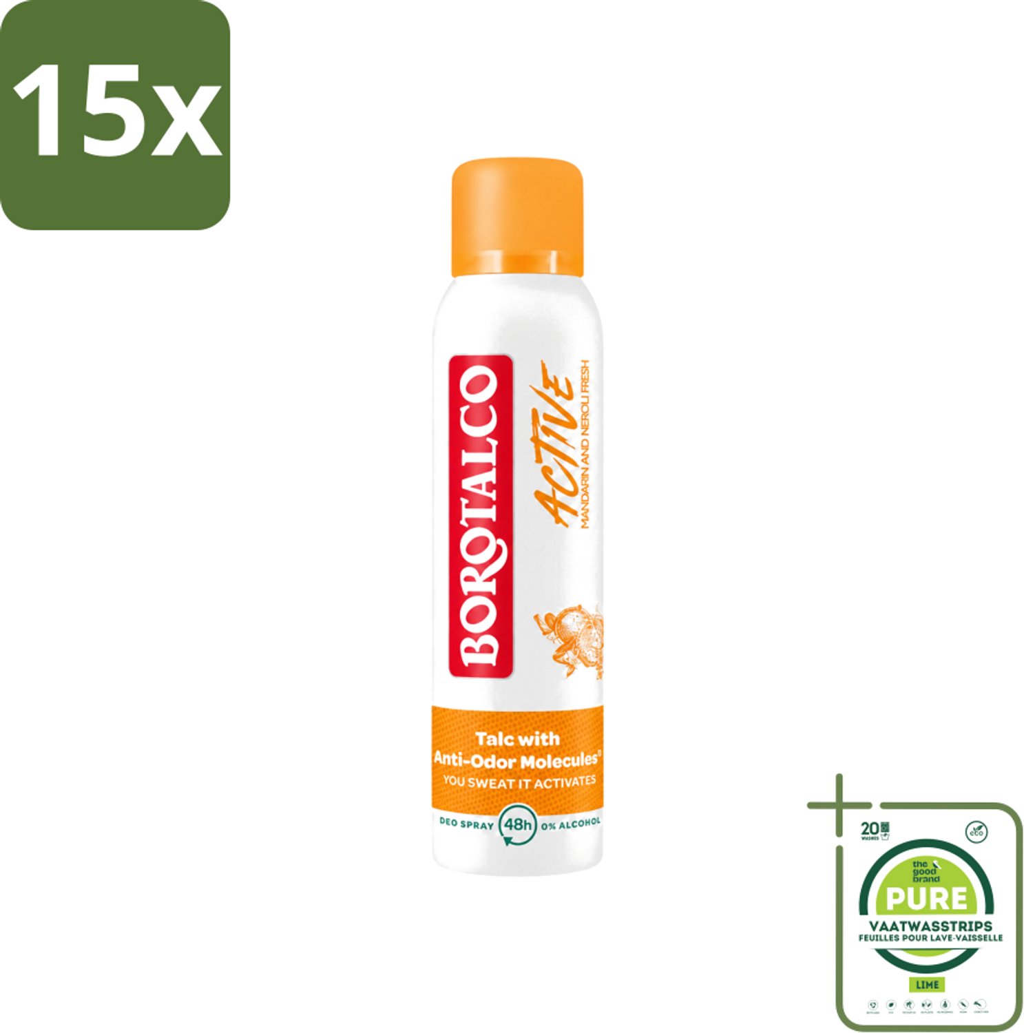 15 x Borotalco - Deodorant Spray - Active - Mandarin & Neroli Fresh - 0% Alcohol - 150 ml - Grootverpakking - Vaatwasstrips - Deodorant Spray - Mandarijn En Neroli - Geur - Transpiratie - Geurvervoeging