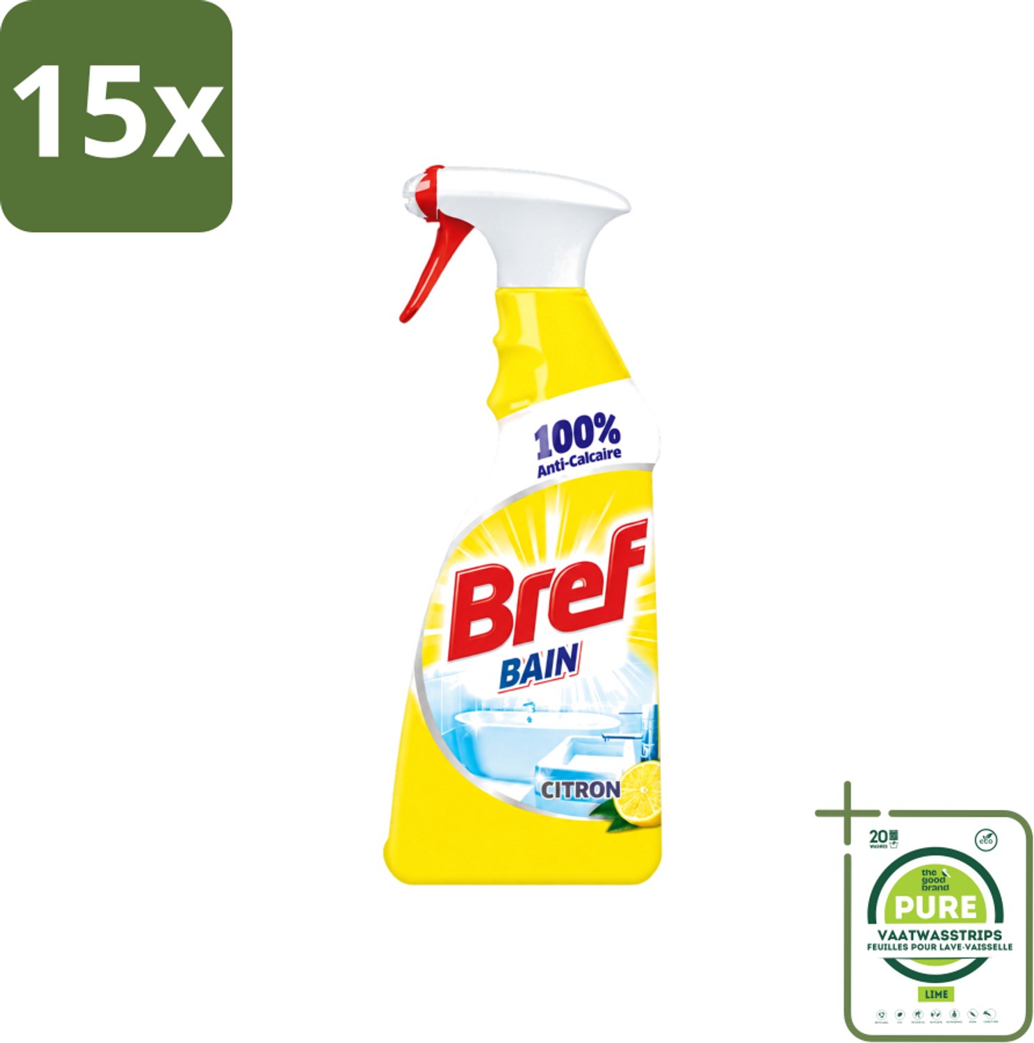 15 x Bref - Badkamerreiniger - Spray - Anti-Kalk - Citroen - 750 ml - Grootverpakking - Vaatwasstrips - Badkamer Reiniger - Kalkbestrijder - Zeep En Vuil Verwijderen - Citroenspray - Badkamer Reinigen