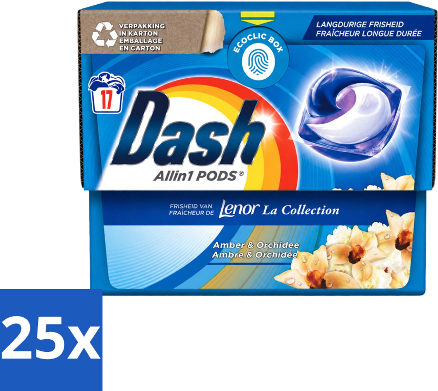 25 x Dash - Lenor Collectie - Wasmiddel Capsules - All-in-1 Pods - Witte en Gekleurde Was - Amber & Orchidee - 17 Wasbeurten - Voordeelverpakking - 25 stuks