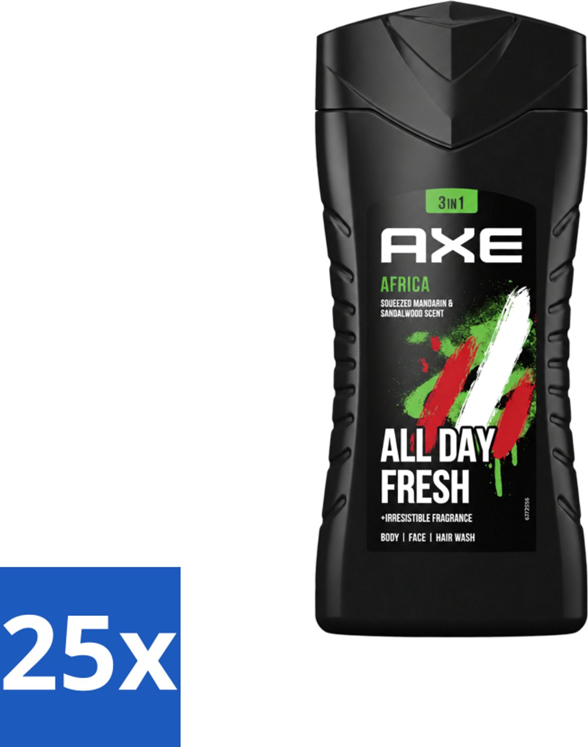 25 x Axe - 3-in-1 Douchegel - Africa - Squeezed Mandarin & Sandalwood - 12hrs Long Lasting Scent - 250 ml - Voordeelverpakking - 25 stuks