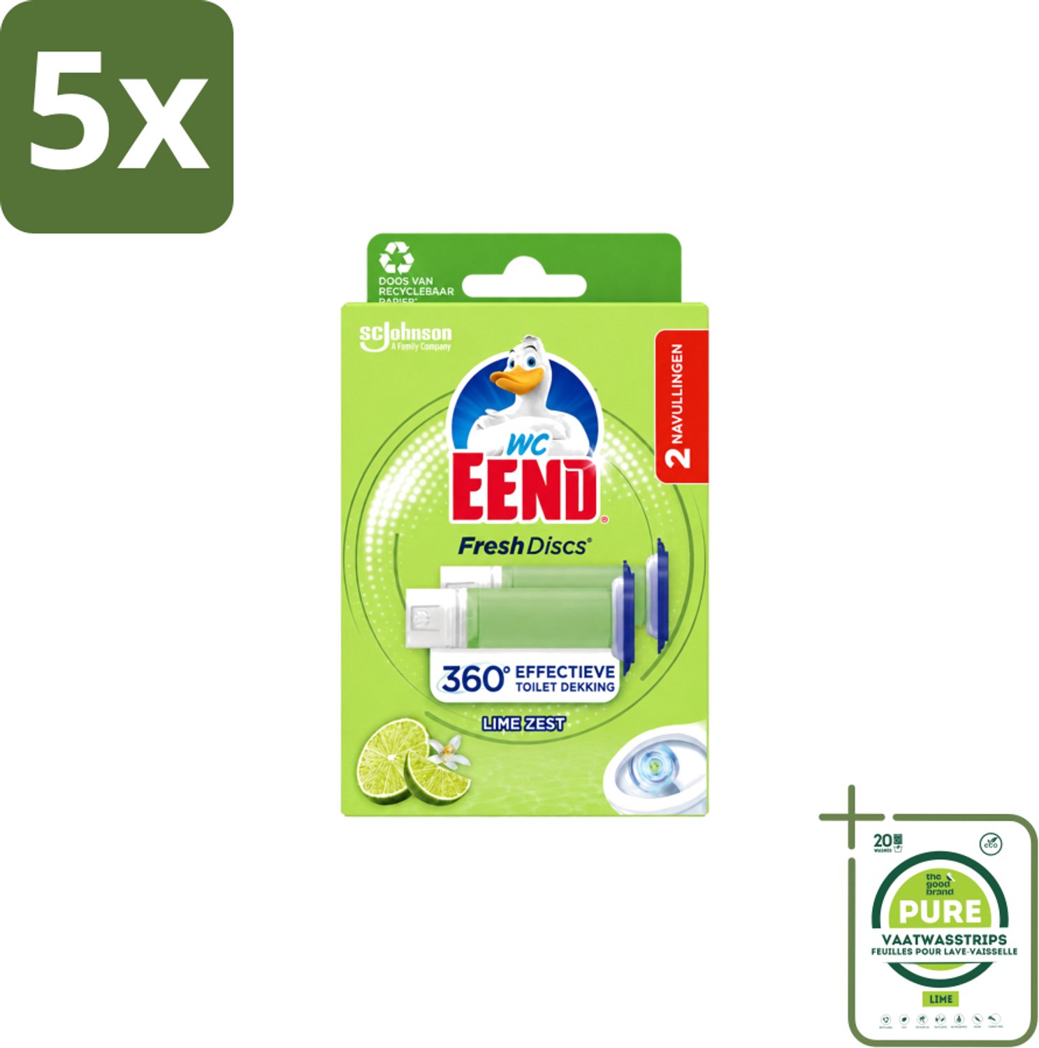 5 x WC Eend – Fresh Discs – Duo Navulling – Lime Zest – 72 ml - Grootverpakking - Vaatwasstrips - Toilet Reinigen - Toilet Hygiëne - Toilet Fris - Toilet Navulling - Toilet Gel Discs