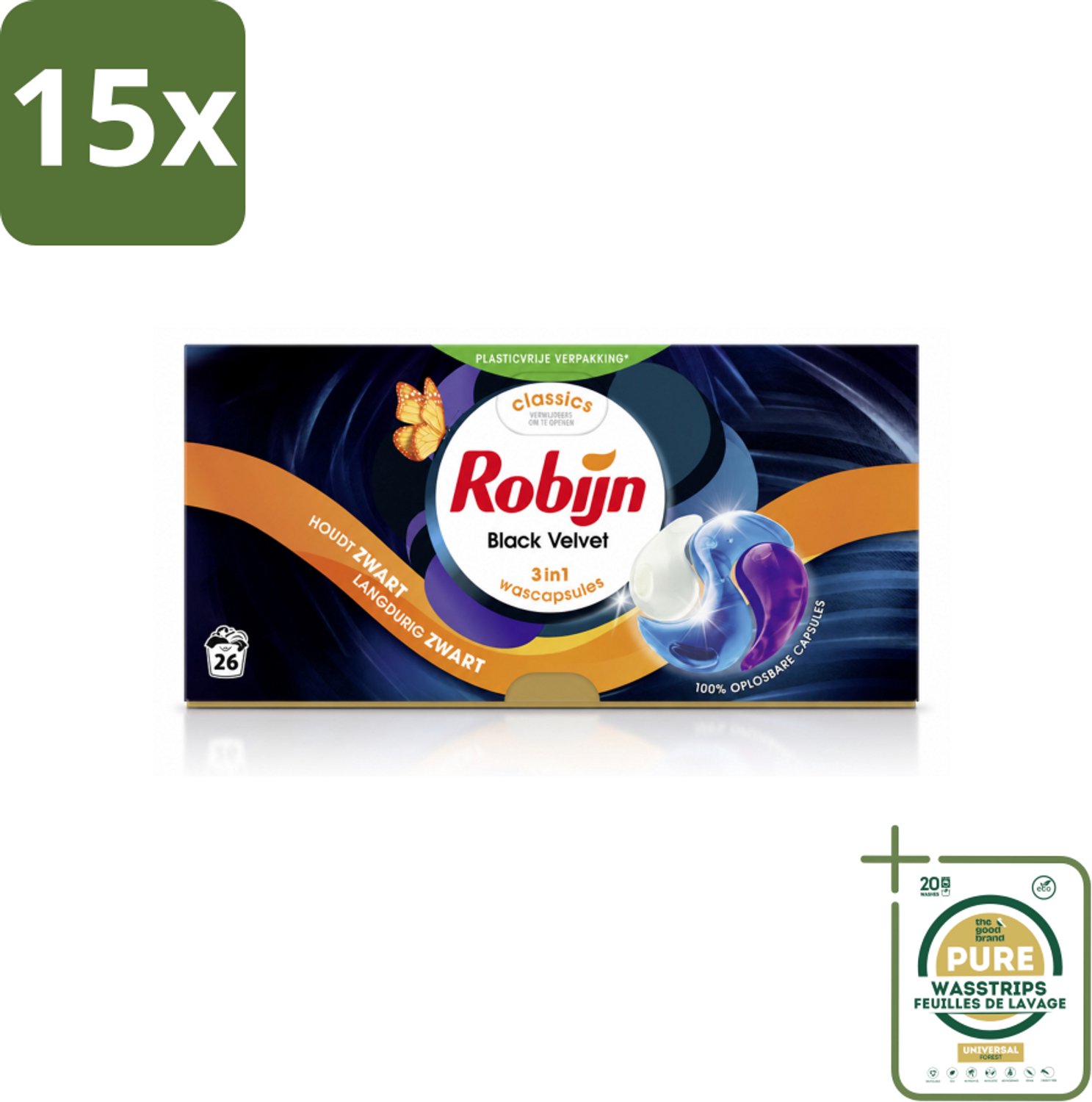 15 x Robijn – 3-in-1 Wascapsules – Black Velvet - 26 Capsules - Wasstrips - Zwarte Was - Donkere Was - Wascapsules - 3-in-1 Wasmiddel - Black Serum