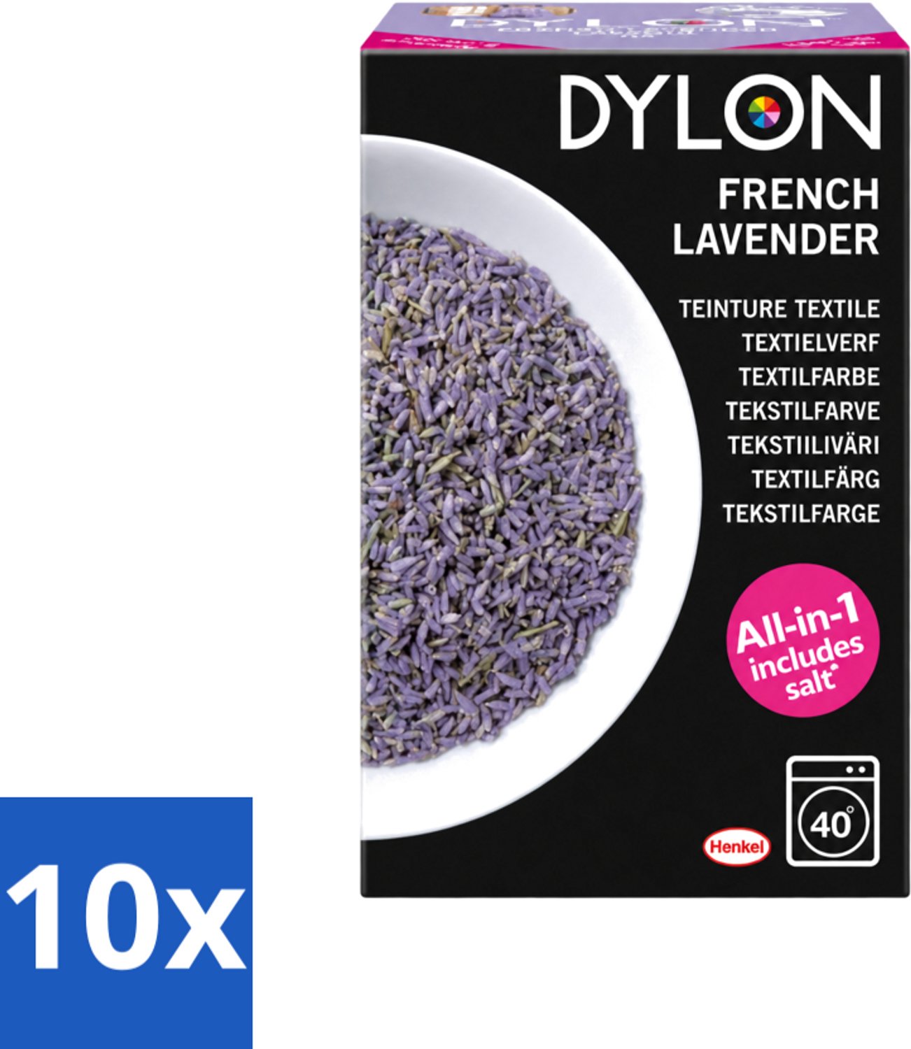 10 x Dylon - Textielverf - French Lavender - All-in-One - Inclusief Zout - 350g - Voordeelverpakking - 10 stuks