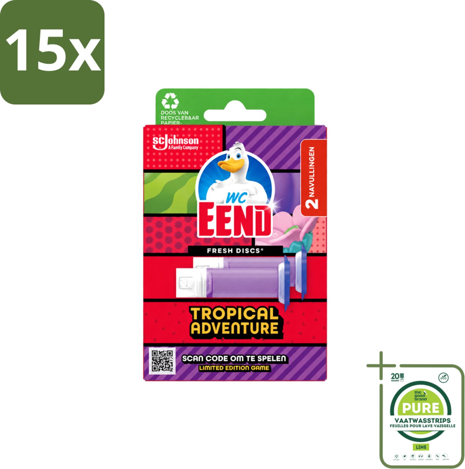 15 x WC Eend – Fresh Discs – Duo Navulling – Tropical Adventure – 72 ml - Grootverpakking - Vaatwasstrips - Toilet Reinigen - Toilet Geur - Toilet Hygiëne - Toilet Schoon - Toilet Fris