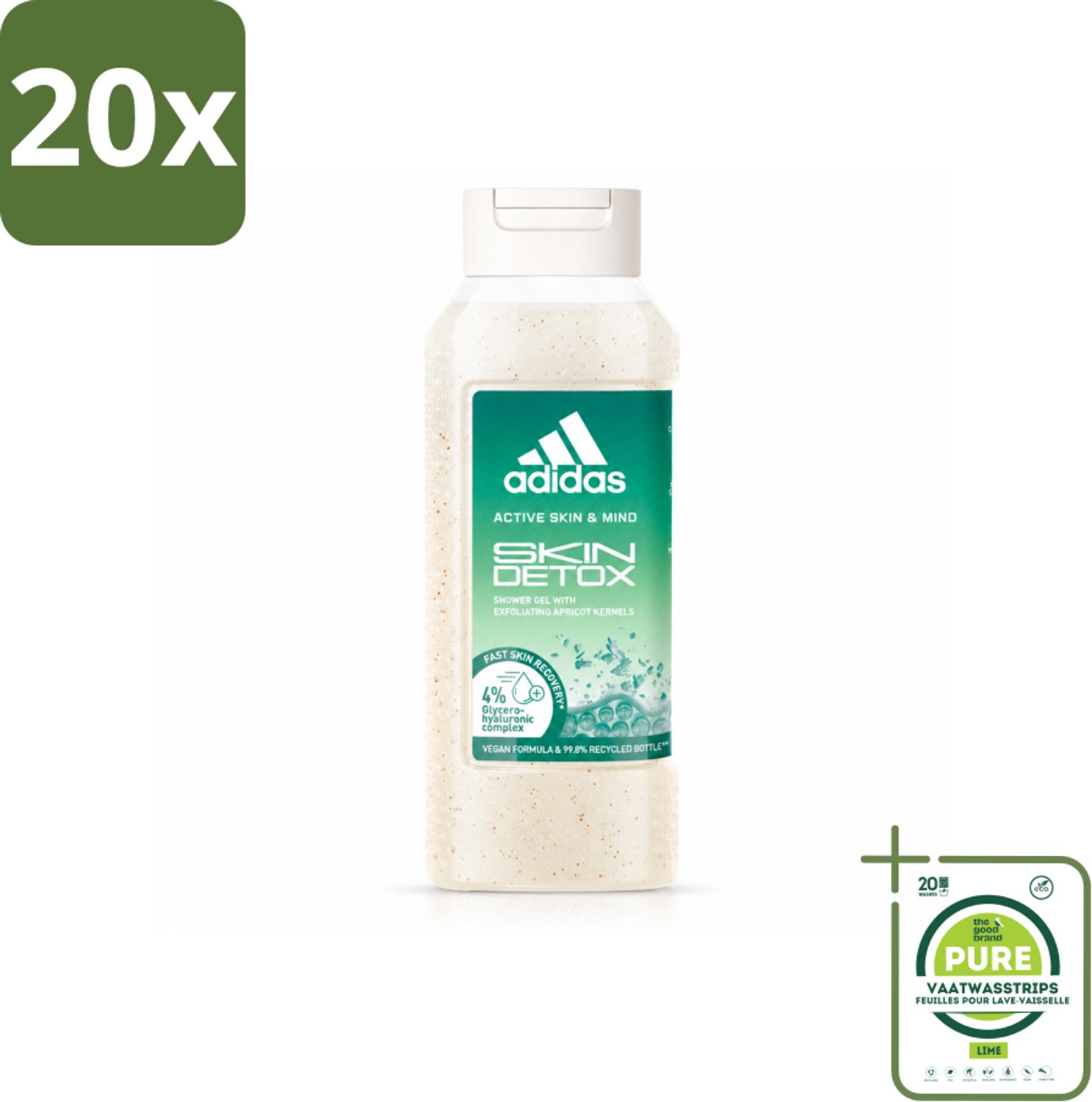 20 x Adidas – Douchegel – Active Skin & Mind Skin Detox – 250 ml - Grootverpakking - Vaatwasstrips - Douchegel - Huidverzorging - Detox - Exfoliatie - Abrikozenpit