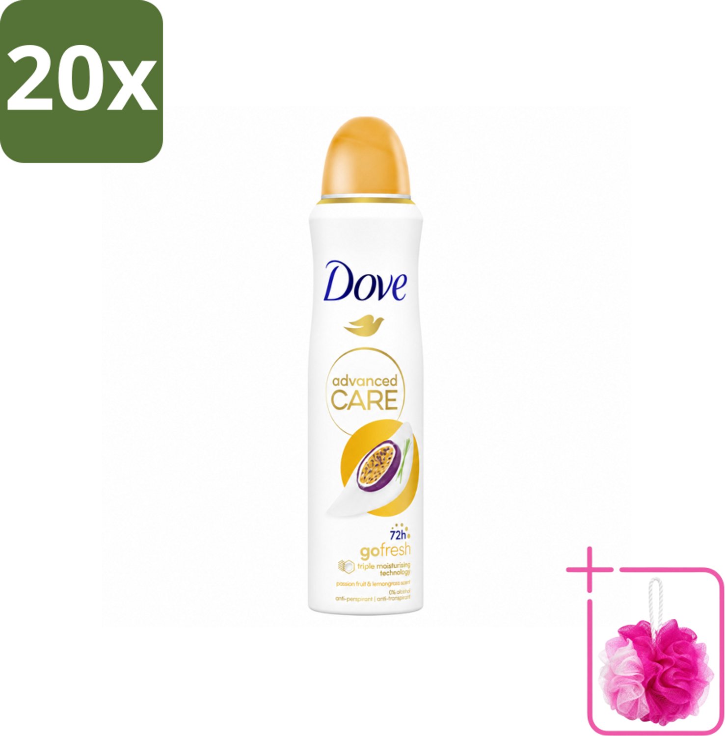 20 x Dove – Deodorant Spray – Passievrucht & Citroengras – 150 ml - Bulkverpakking - Anti-transpirant - Douchemop - Deodorant spray