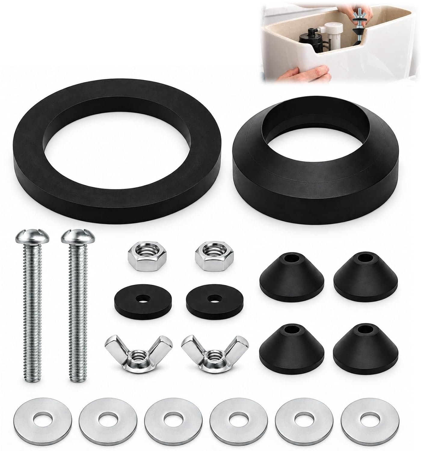 Bevestigingsset voor wc-tanks, M6-bouten en moeren met elastische afdichtingen, compatibel met de meeste toilettanks, vervanging of reparatie