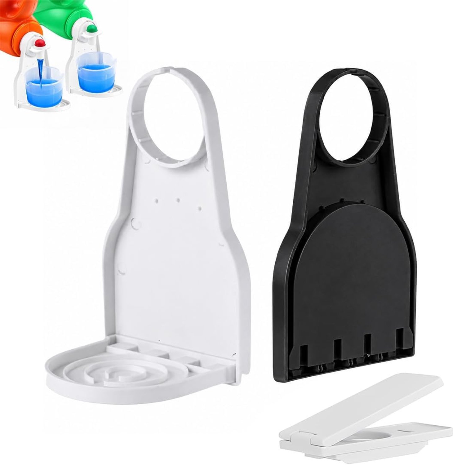 2 stuks dispenser voor wasmiddel, eenvoudig te bedienen, afneembaar, flessenhouder met klemmen voor wasmachine (kunststof, zwart en wit)