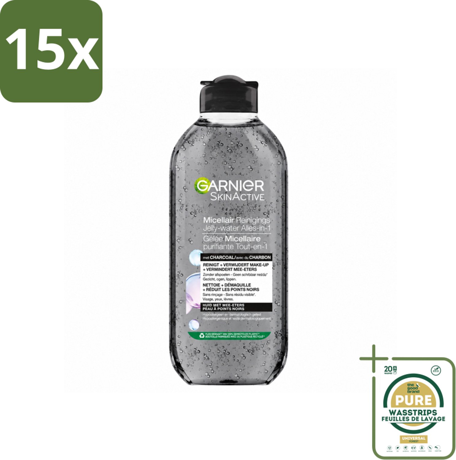 15 x Garnier - SkinActive - Micellair Jelly-water - Alles-in-1 - Charcoal - 400 ml - Wasstrips - Huid Reinigen - Make-up Verwijderen - Houtskool - Salicylzuur - Micellair Water