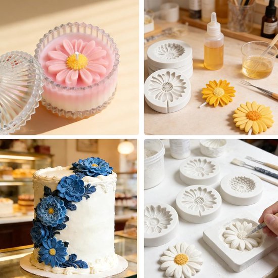 Mallen om te Gieten, 4 Stuks Siliconen Mallen Bloemen,Madeliefjes Bloemen Mallen,Chrysanten Siliconen Mal,Geschikt voor Het Maken van Handgemaakte Zeep en Chocolade. — afbeelding 5