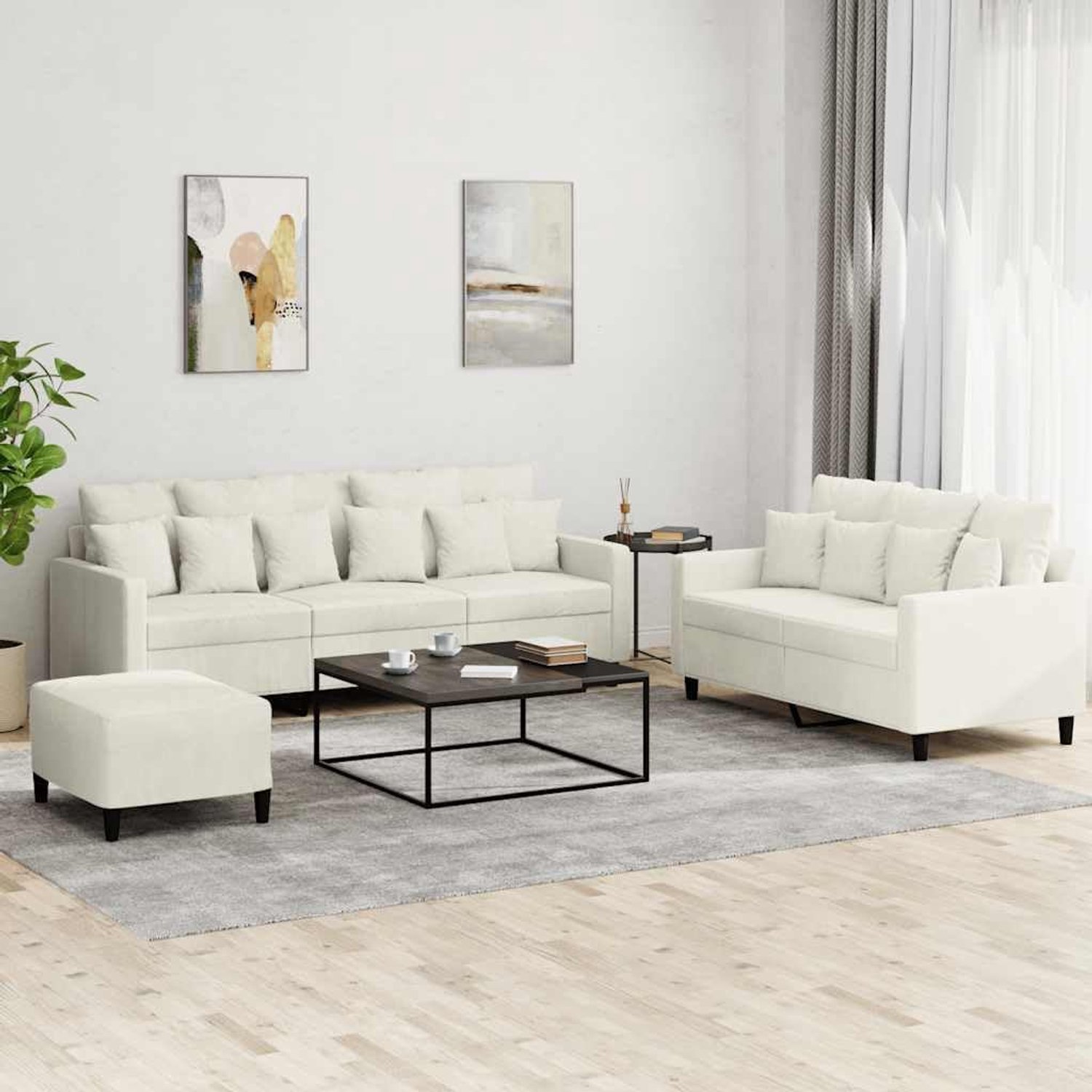 3-delige bankset met kussen, crème fluweel, comfortabele gestoffeerde meubelset met voetenbank, zachte velours stof en robuust metalen frame voor woonkamer