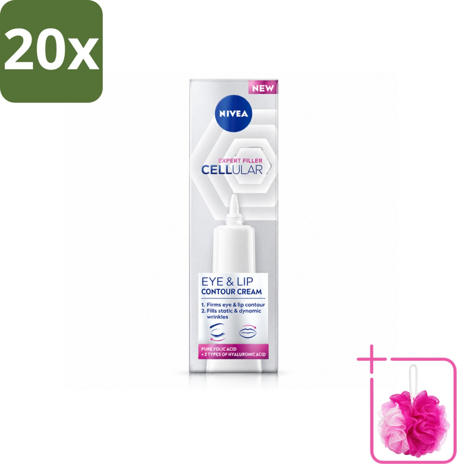 20 x NIVEA - Oogcrème - CELLular Expert Filler Anti-Veroudering - Voor ouder wordende huid - Met Hyaluronzuur & Puur Foliumzuur - 15 ml - Bulkverpakking - Anti-aging oogcrème - Douchemop - Oogcrème voor rijpe huid