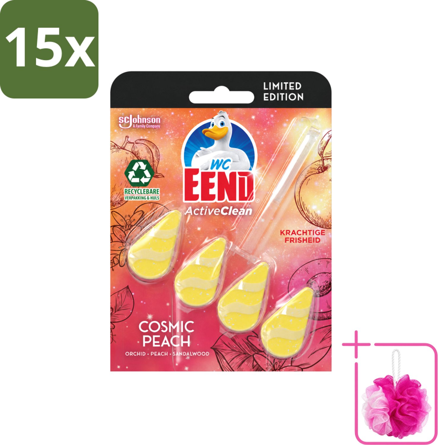 15 x WC Eend - Active Clean Cosmic Peach - Toiletblok - Fruitige Perzikgeur - 38 gr - Bulkverpakking - Toilet reinigen - Douchemop - Toilet blok