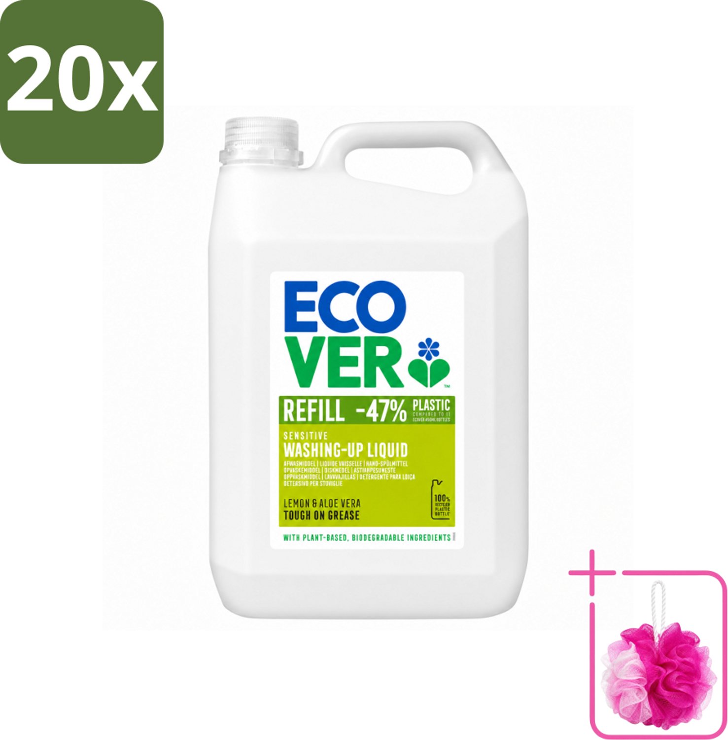 20 x Ecover - Afwasmiddel - Citroen & Aloë Vera - 5 liter - Bulkverpakking - Afwasmiddel citroen aloë vera - Douchemop - Plantaardig afwasmiddel
