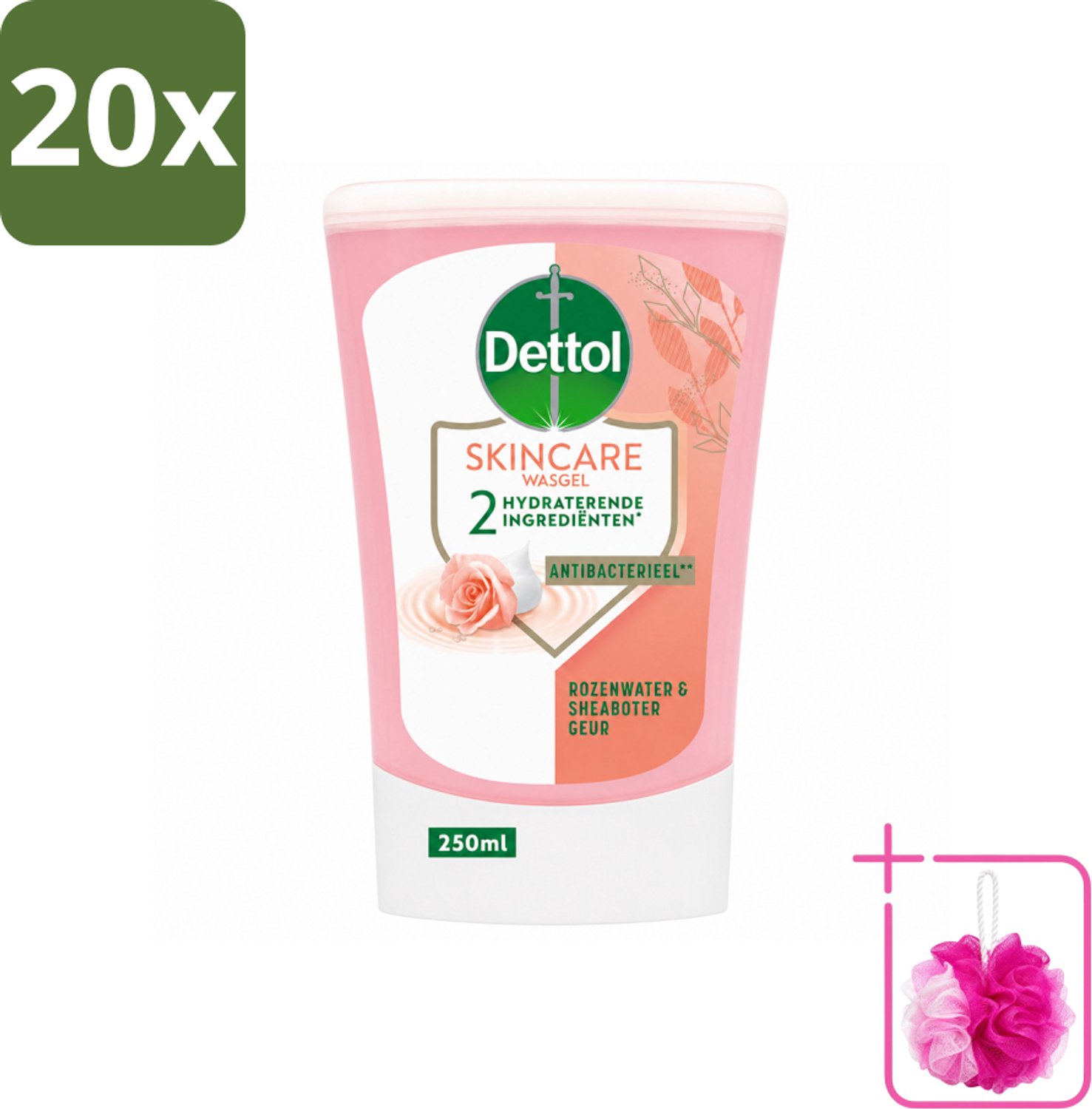 20 x Dettol - Wasgel Navulling - Skincare - Rozenwater & Sheaboter - 250 ml - Bulkverpakking - Handen reinigen - Douchemop - Antibacteriële wasgel
