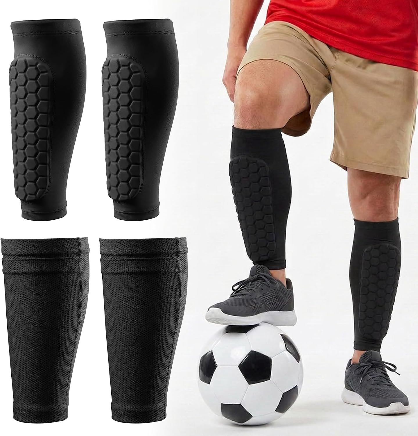 Scheenbeschermers voor jongeren en volwassenen, kuitcompressiekousen met honingraatpads, ademend nylon spandex, slagvast voor skiën, basketbal boksen (M)