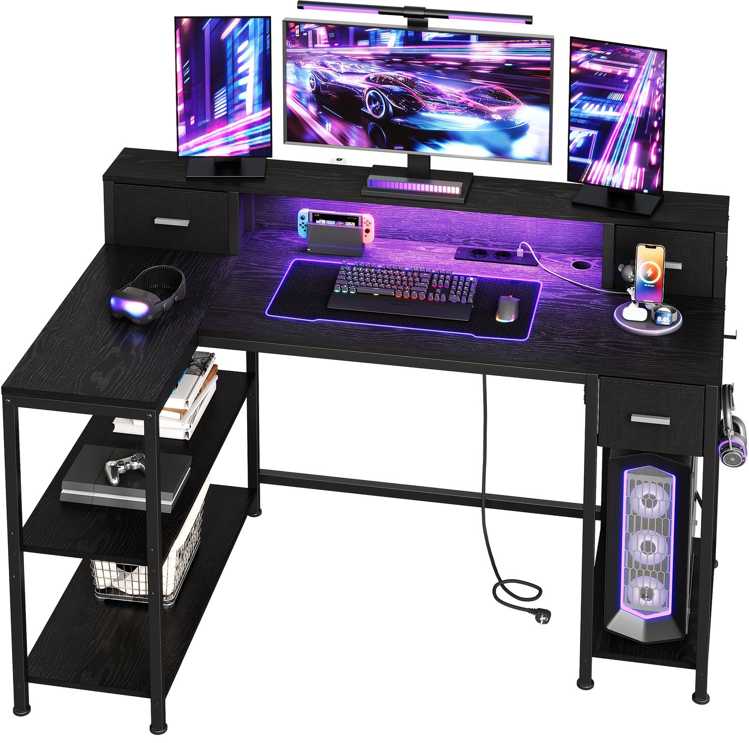 Mura Logistiek Bureau - Tafel - Gamingbureau - Hoekbureau - Desk - Computerbureau - RGB LED Verlichting - 2 AC + USB-poorten