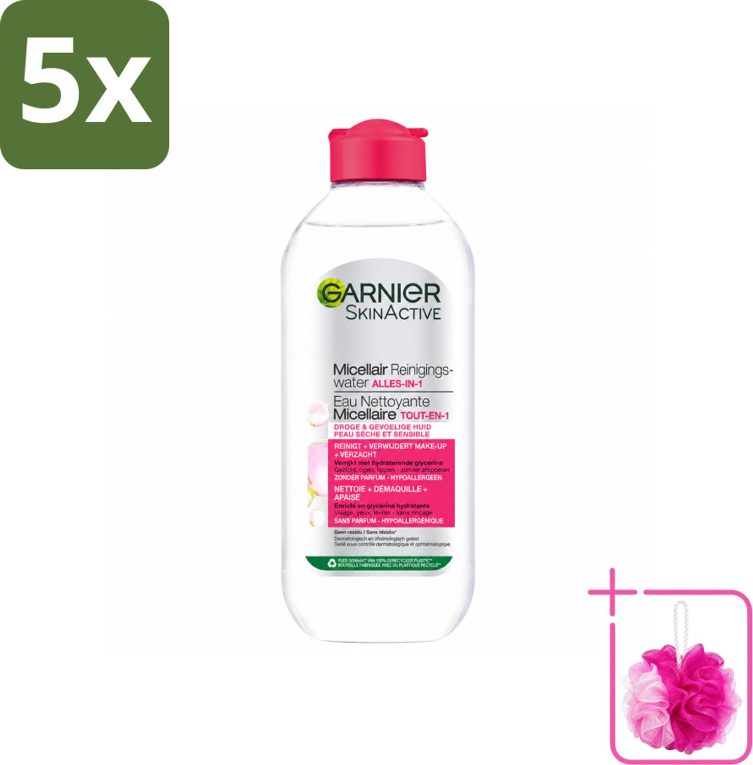 5 x Garnier - SkinActive - Micellair Reinigingswater - Droge & Gevoelige Huid - Hydraterend & Reinigend - 400 ml - Bulkverpakking - Micellair reinigingswater - Douchemop - Droge huid
