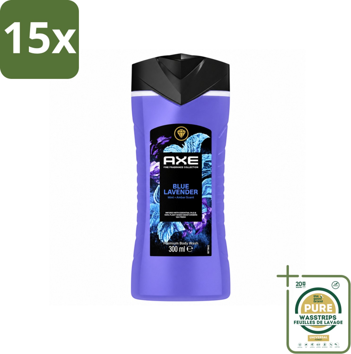 15 x AXE - Douchegel - Blue Lavender - Kalmerend - Premium Geur - 300 ml - Wasstrips - Douchegel - Kalmerend - Frisheid - Ontspanning - Premium Geur