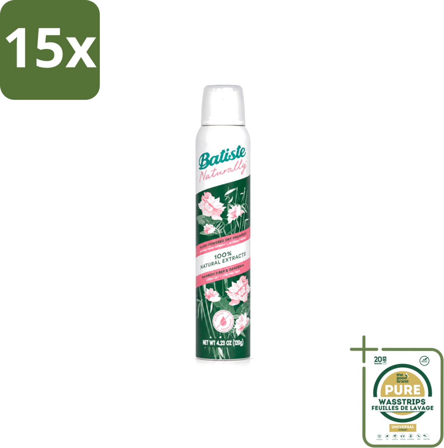 15 x Batiste - Naturally Bamboo Fibre & Gardenia - Droogshampoo - Versterkt en Verfrist - 100% Natuurlijk - 200ml - Wasstrips - Natuurlijke Droogshampoo - Haarkleur - Haartype - Vet Haar - Droog Haar