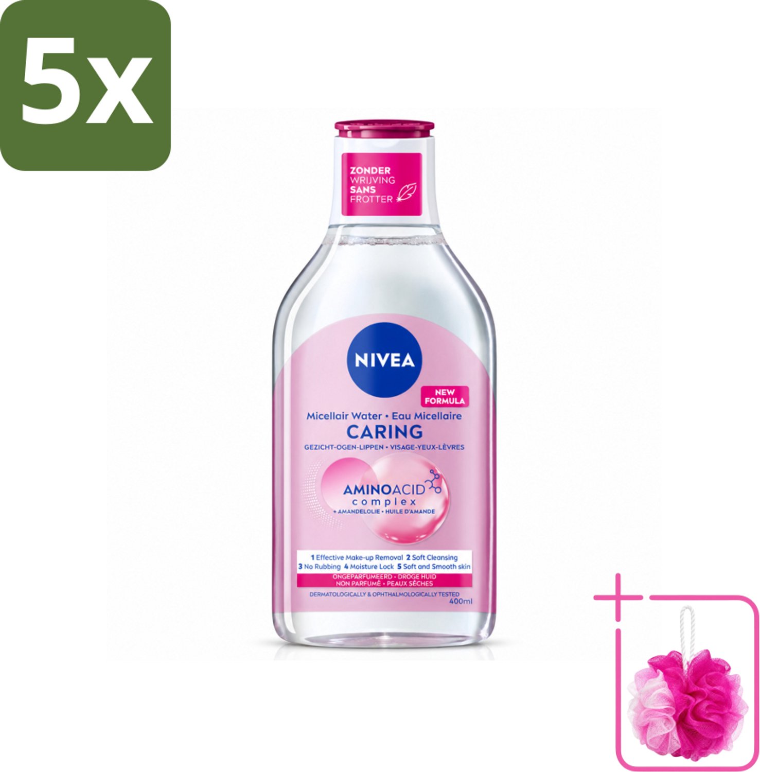 5 x NIVEA - Micellair Water - Essentials Verzachtend & Verzorgend - Voor droge huid - Met Amandelolie & Aminozuren - 400 ml - Bulkverpakking - Micellair water - Douchemop - Droge huid
