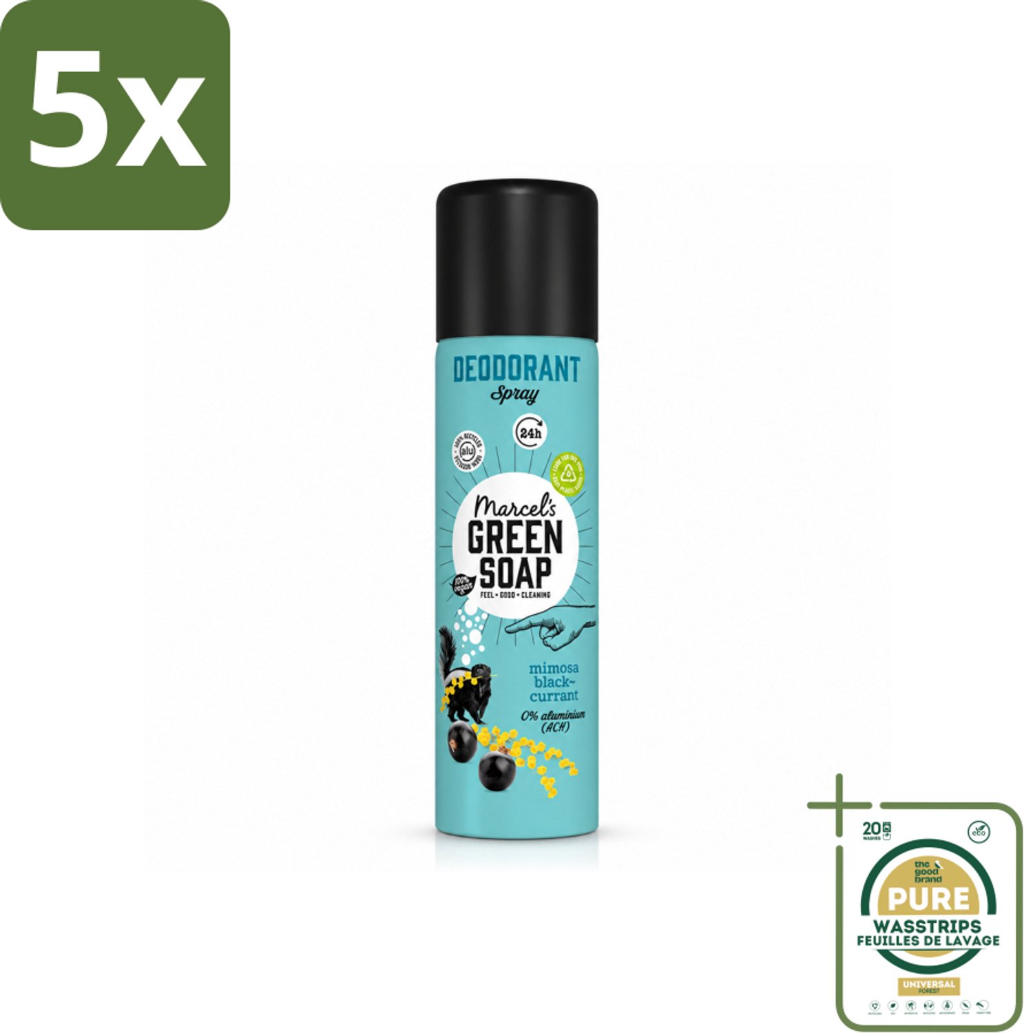 5 x Marcel's Green Soap - Deodorant Spray - Mimosa & Blackcurrant - Langdurige frisheid - 150 ml - Wasstrips - Deodorant Spray - Geur - Frisheid - Mimosa - Zwarte Bes