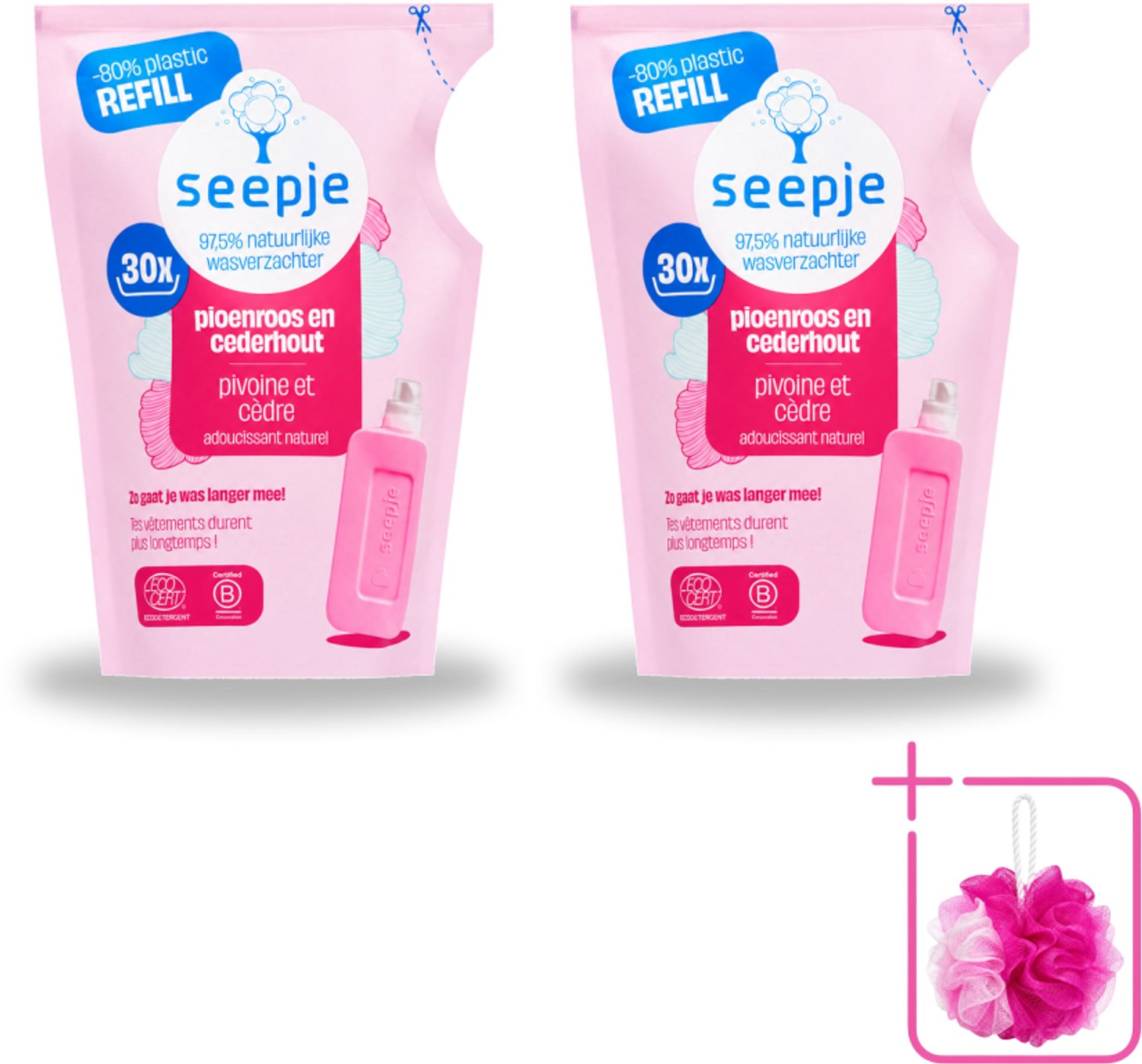 2 x Seepje - Wasverzachter - Duurzaam & Frisse Geur - Navulling - Pioenroos en Cederhout - 30 Wasbeurten - 750 ml - Bulkverpakking - Wasverzachter - Douchemop - Natuurlijke wasverzachter