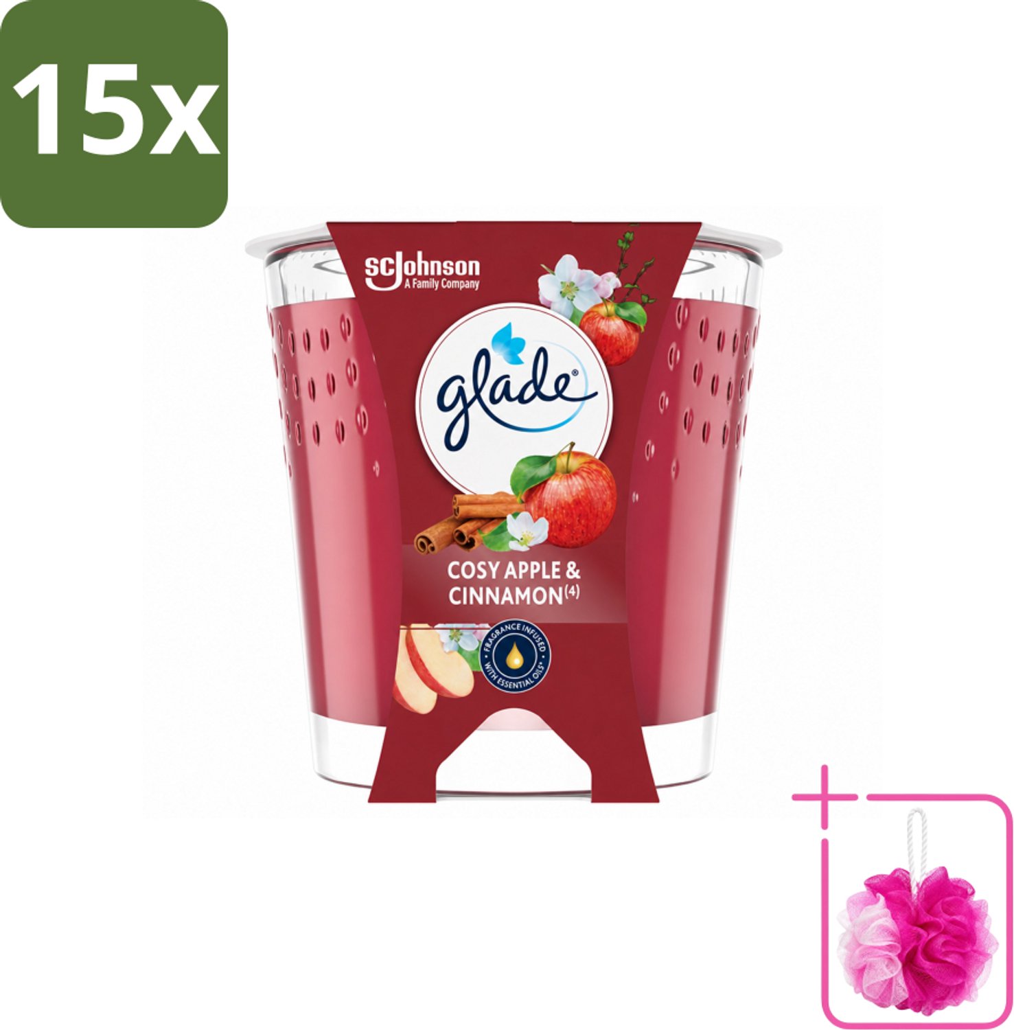15 x Glade - Geurkaars Cosy Appel Kaneel - 100% Raapzaadwas & Vegan - 112 g - Bulkverpakking - Geurkaars - Douchemop - Vegan