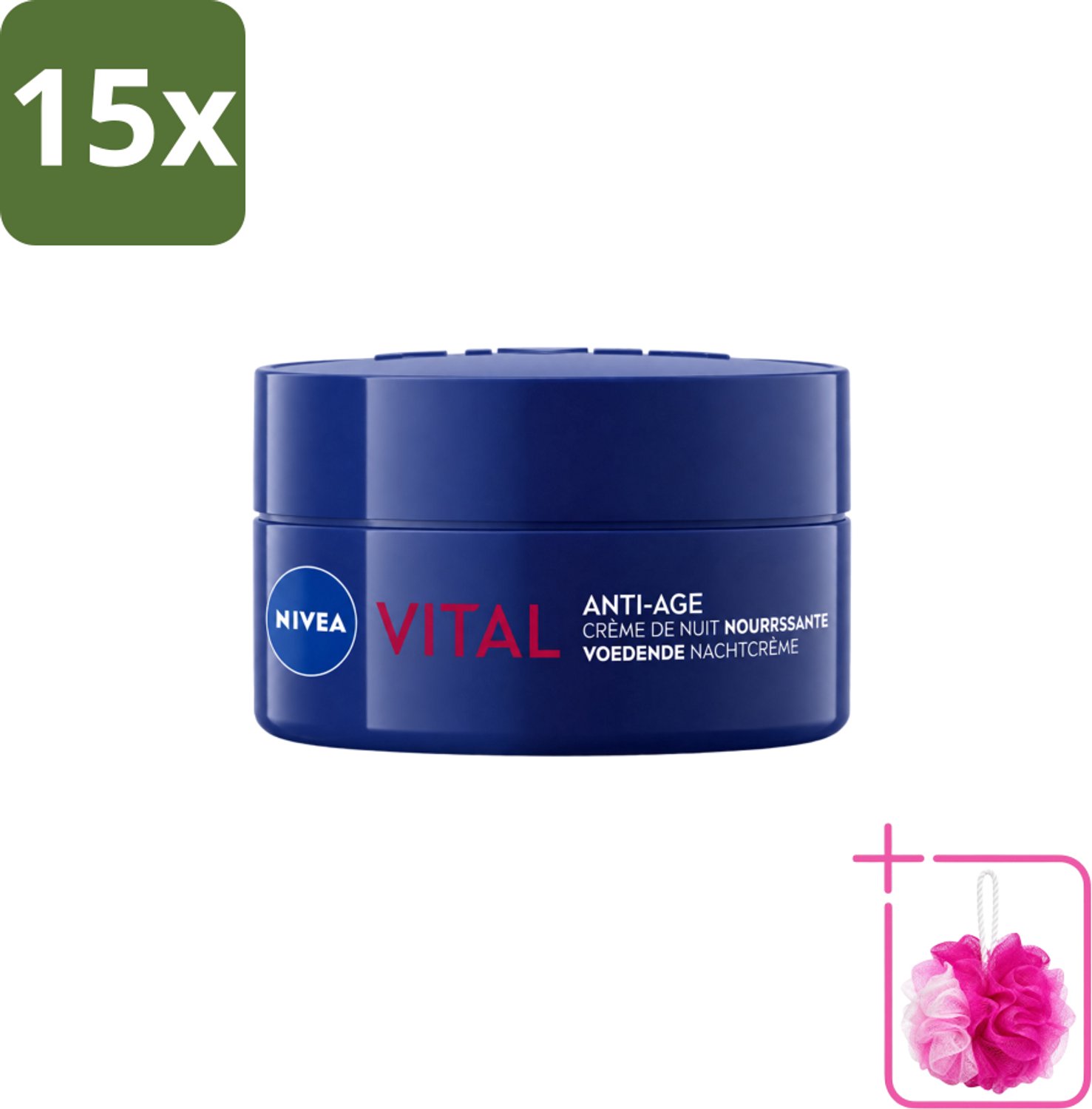 15 x NIVEA - Nachtcrème - VITAL Anti-Rimpel Herstellend - Voor rijpe huid - Met Vitamine F, Teunisbloemolie & Calcium - 50 ml - Bulkverpakking - Nachtcrème - Douchemop - Anti-rimpel