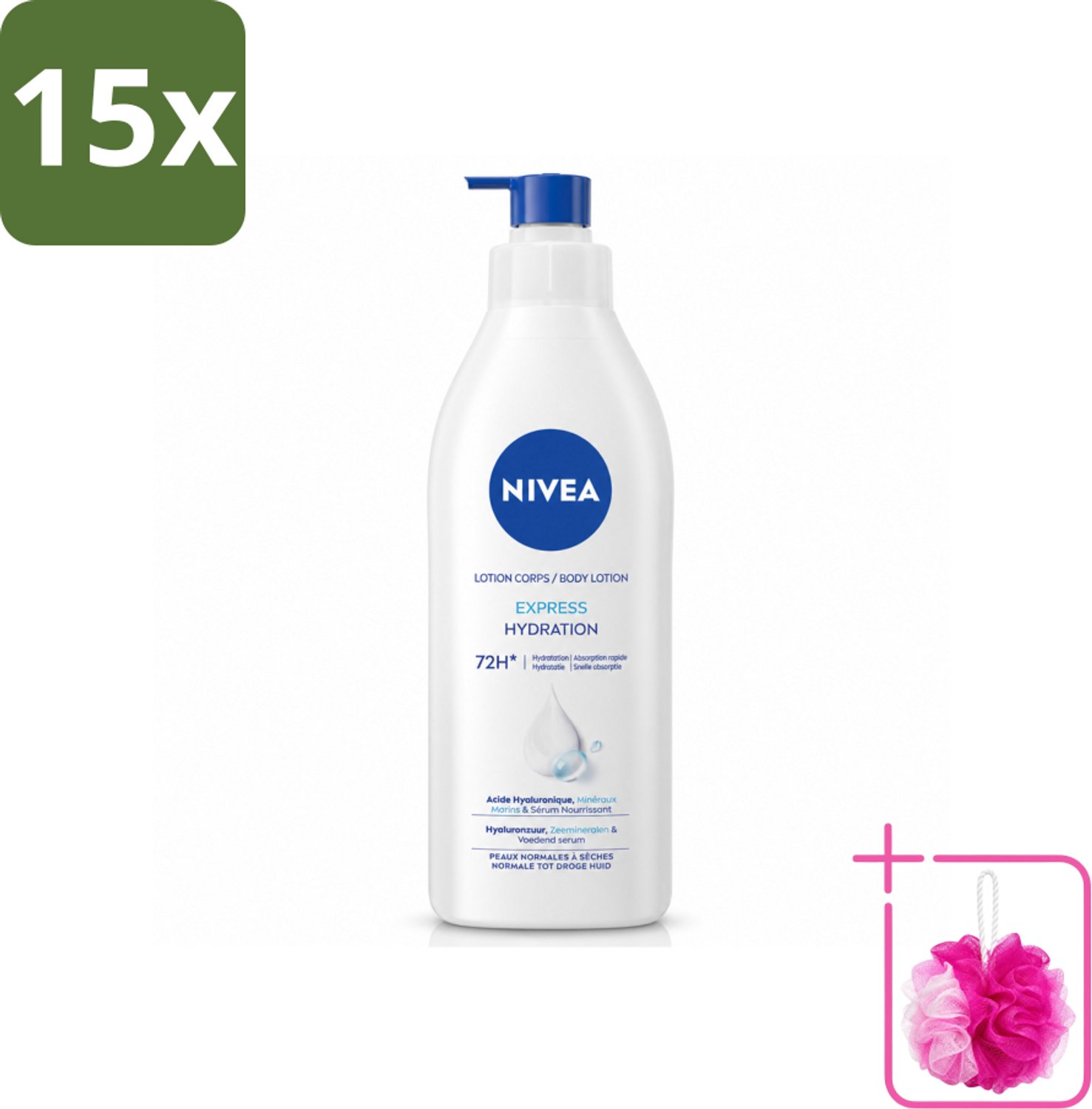 15 x Nivea - Express - Bodylotion met Pomp - Voor Normale tot Droge Huid - 72 uur Hydratatie - 400 ml - Bulkverpakking - Bodylotion - Douchemop - Hydratatie
