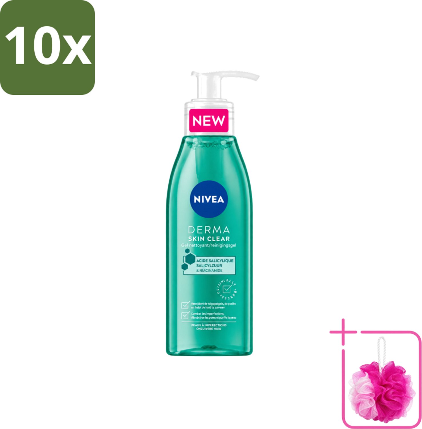 10 x NIVEA - Reinigingsgel - DERMA Huidzuiver - Voor onzuivere huid - Met Salicylzuur (AHA) & Niacinamide - Tegen Acne & Mee-eters - 150 ml - Bulkverpakking - Gezichtsreiniger - Douchemop - Acne huid