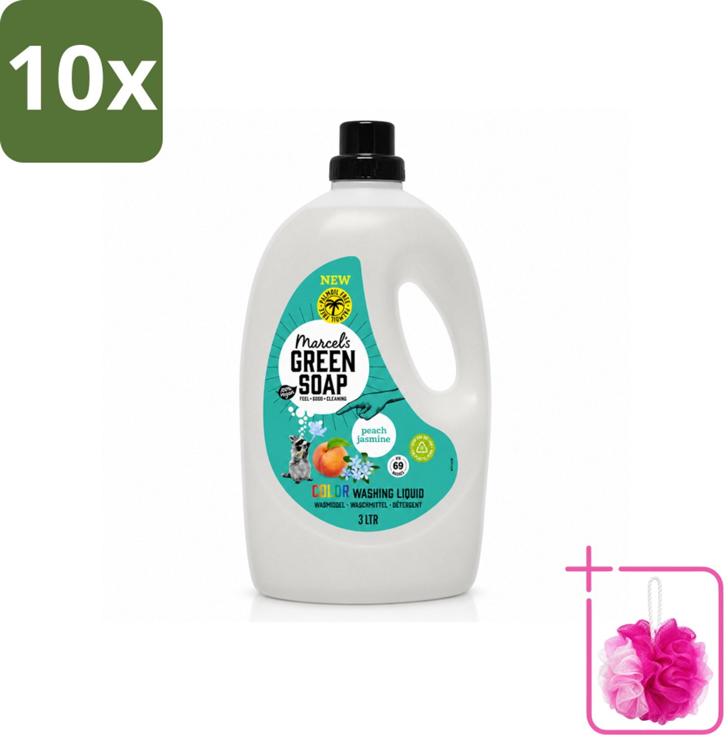 10 x Marcel's Green Soap - Vloeibaar Wasmiddel - Kleurwas - Perzik & Jasmijn - Natuurlijk & effectief - 69 wasbeurten - 3 liter - Bulkverpakking - Vloeibaar wasmiddel - Douchemop - Gekleurd was