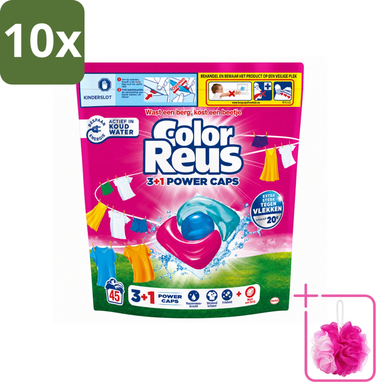 10 x Color Reus - 3+1 Power Caps - Gekleurde Was - 45 Wasbeurten - Bulkverpakking - Was capsules - Douchemop - Gekleurde was