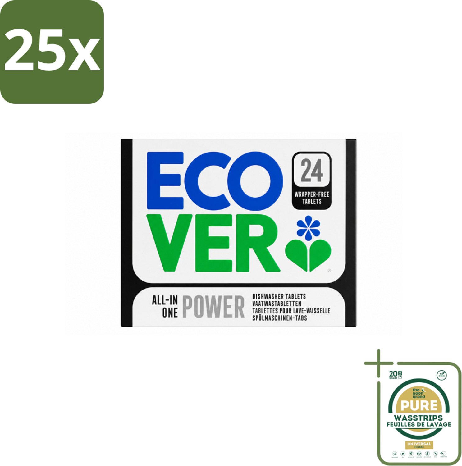 25 x Ecover - Vaatwastabletten All-in-One Power - 24 Tabs - Wasstrips - Vaatwasmiddel - Vaatwastabletten - Schoonmaken - Milieuvriendelijk - Plantaardig