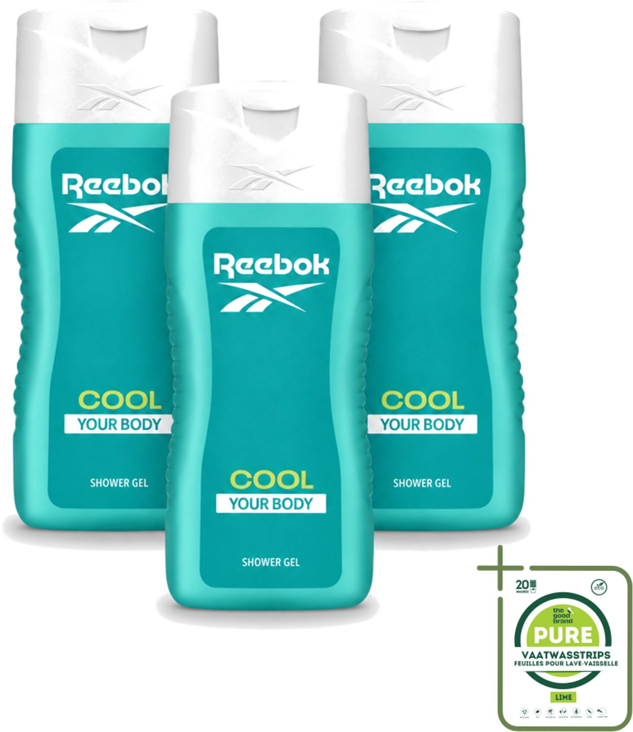 3 x Reebok - Cool Your Body - Douchegel - 400 ml - Grootverpakking - Vaatwasstrips - Douchegel - Menthol - Verkoeling - Frisse Geur - Aloe Vera