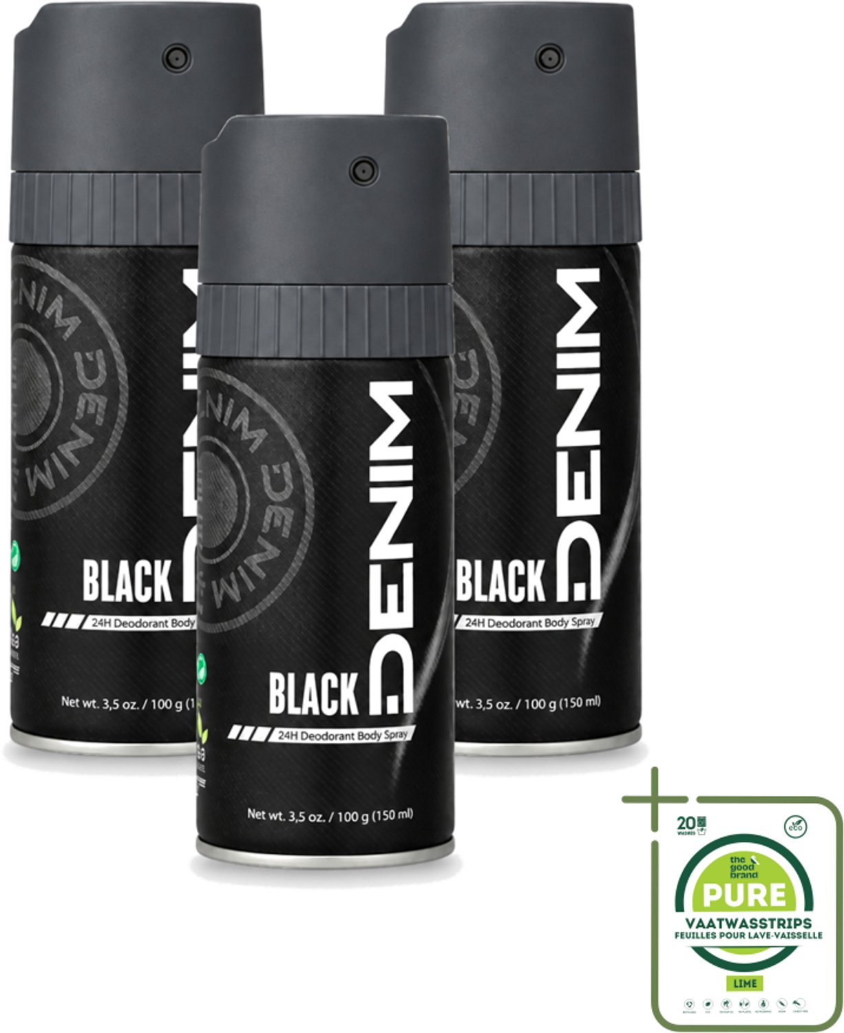 3 x Denim - Deodorant Aerosol - Black Geur - Voor Mannen - 150 ml - Grootverpakking - Vaatwasstrips - Deodorant Spray - Mannelijke Geur - Frisheid - Transpiratie - Geurcontrole