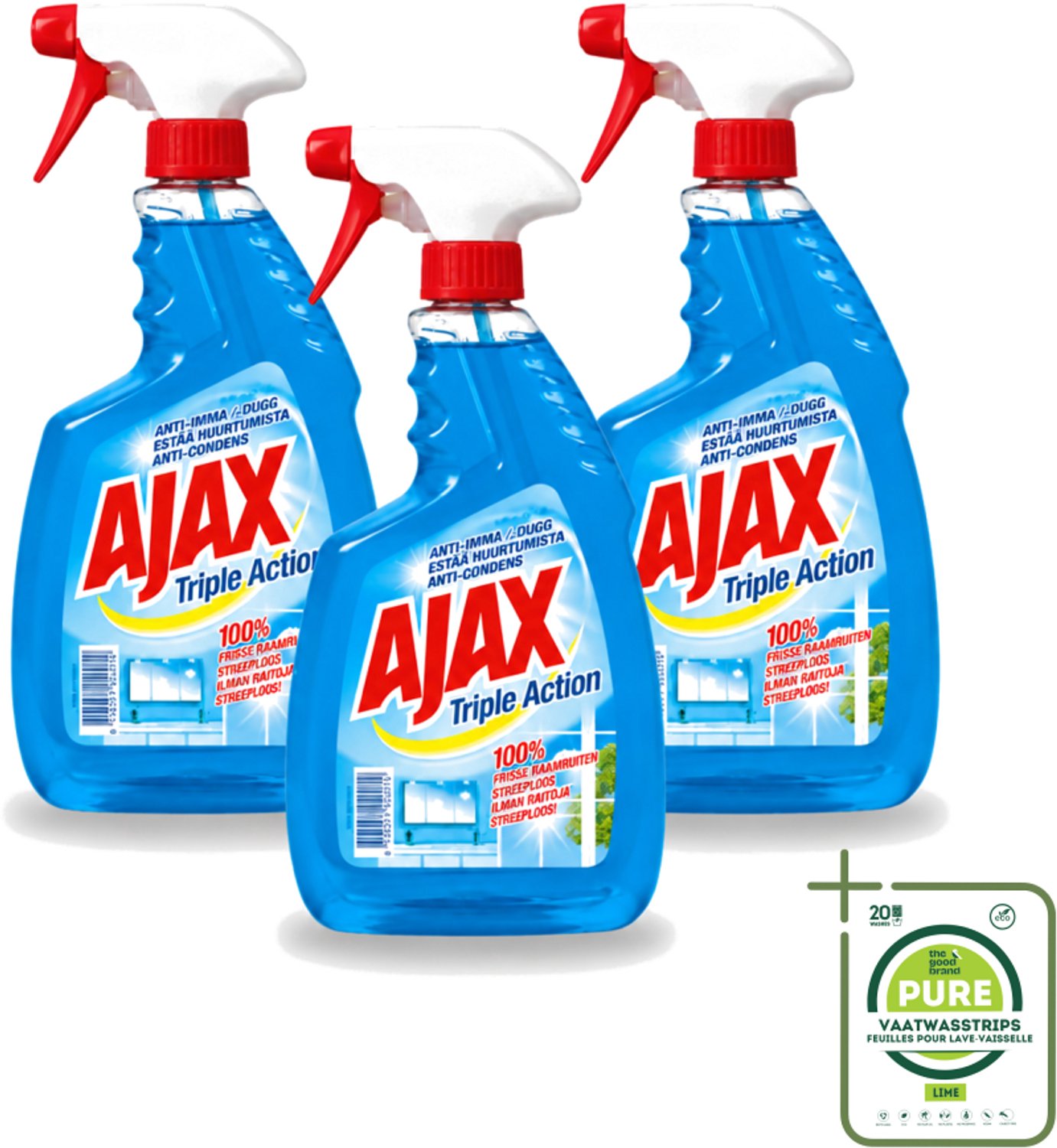 3 x Ajax - Glasreiniger Spray - Triple Action - Streeploos Schoon - Anti-Condens - 750 ml - Grootverpakking - Vaatwasstrips - Glas Reinigen - Ramen Reinigen - Glas Reiniger - Schone Ramen - Glas Reiniger Spray