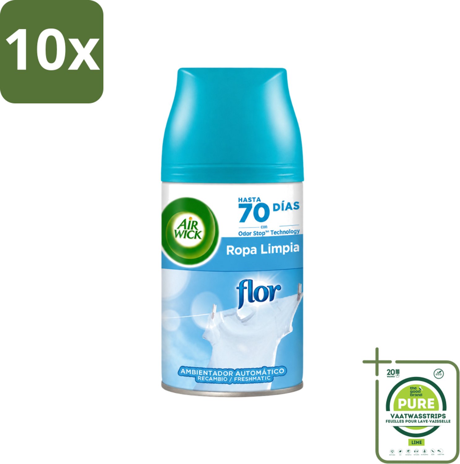 10 x Air Wick - Luchtverfrisser Navulling - Bloem & Fris - Automatische Spray - 250 ml - Grootverpakking - Vaatwasstrips - Luchtverfrisser Bloem En Fris - Geur In Huis - Geurverspreiding - Geur Neutraliseren - Bloemige Geur