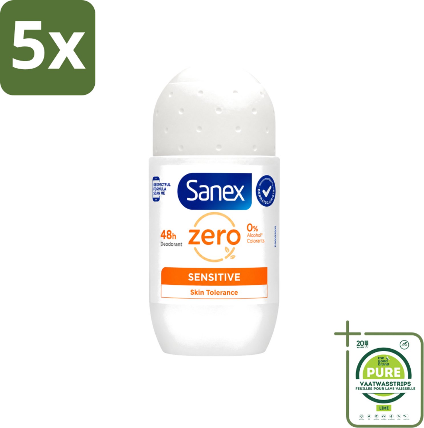 5 x Sanex - Deodorant - Roller - Zero% - Sensitive - Zonder Alcohol & Parabenen - 50 ml - Grootverpakking - Vaatwasstrips - Deodorant Zonder Alcohol - Deodorant Zonder Parabenen - Gevoelige Huid - Milde Deodorant - Langdurige Bescherming