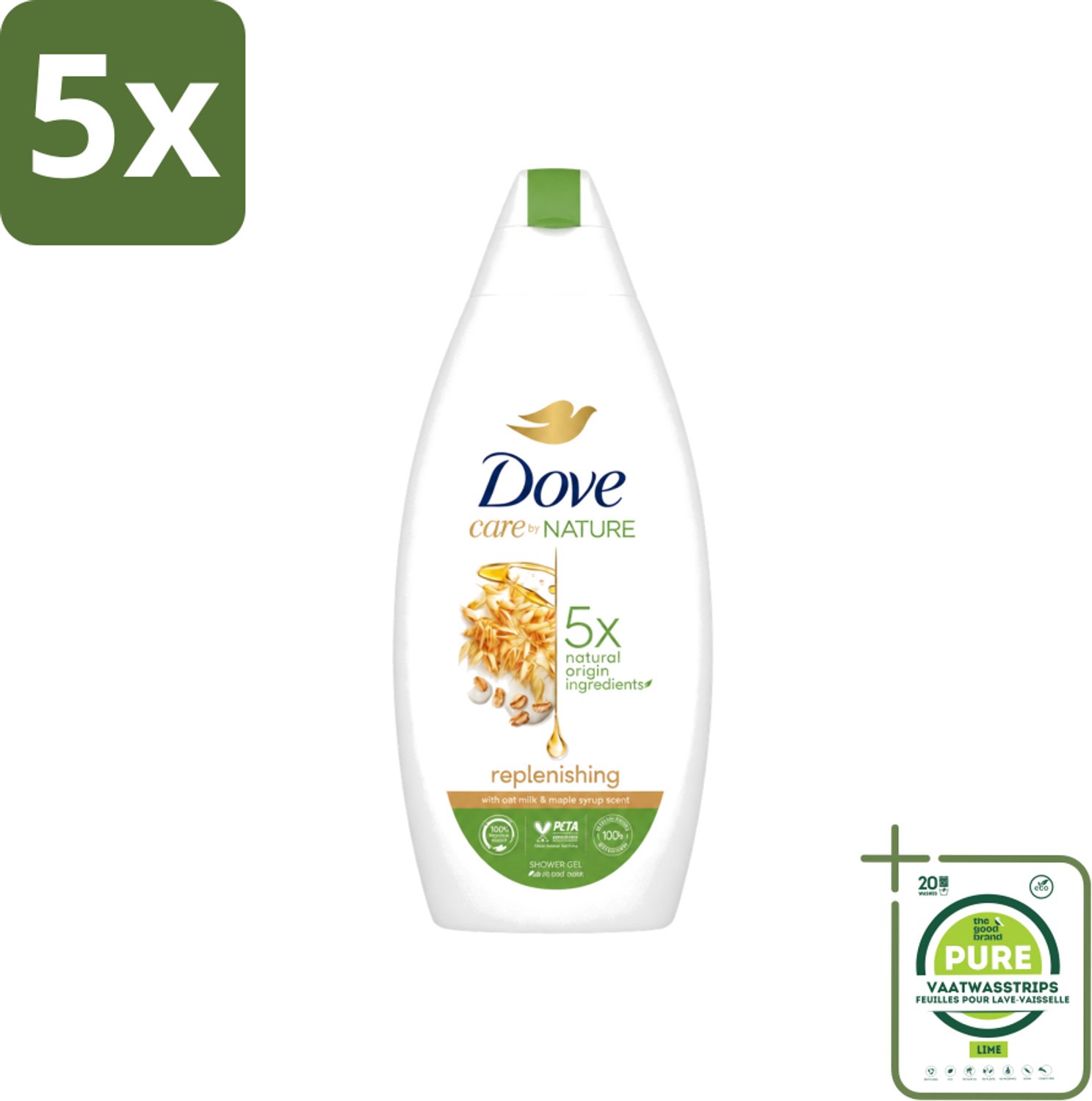 5 x Dove - Douchegel - Replenishing - Hydraterend en verzorgend - 400 ml - Grootverpakking - Vaatwasstrips - Douchegel - Hydratatie - Huid Verzorging - Zachte Douchegel - Schuim