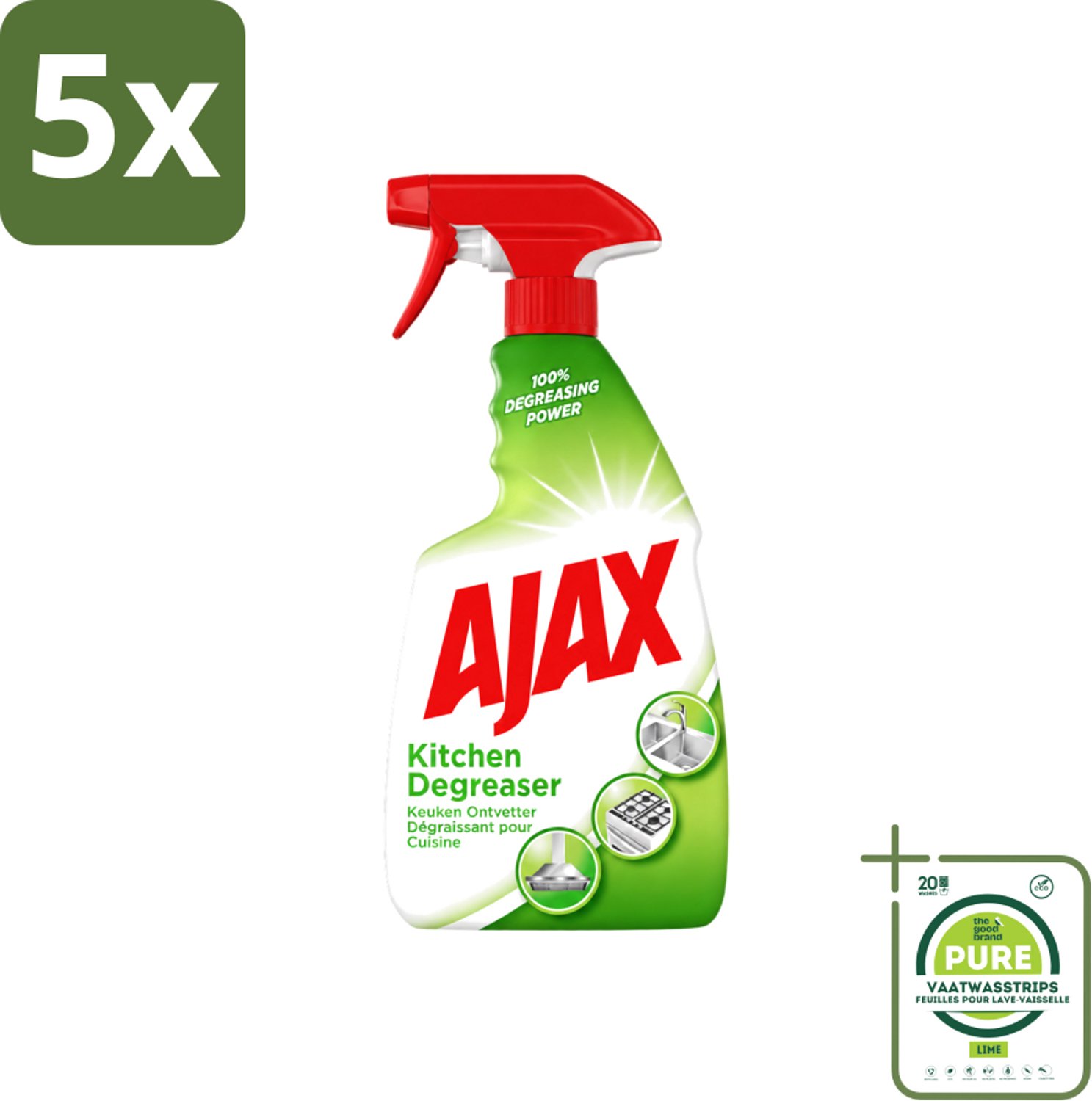 5 x Ajax - Keuken Ontvetter Spray - Verwijdert Hardnekkig Vet - 750 ml - Grootverpakking - Vaatwasstrips - Keuken Reinigen - Vet Verwijderen - Keuken Ontvetter - Ontvetter Spray - Keuken Schoonmaken