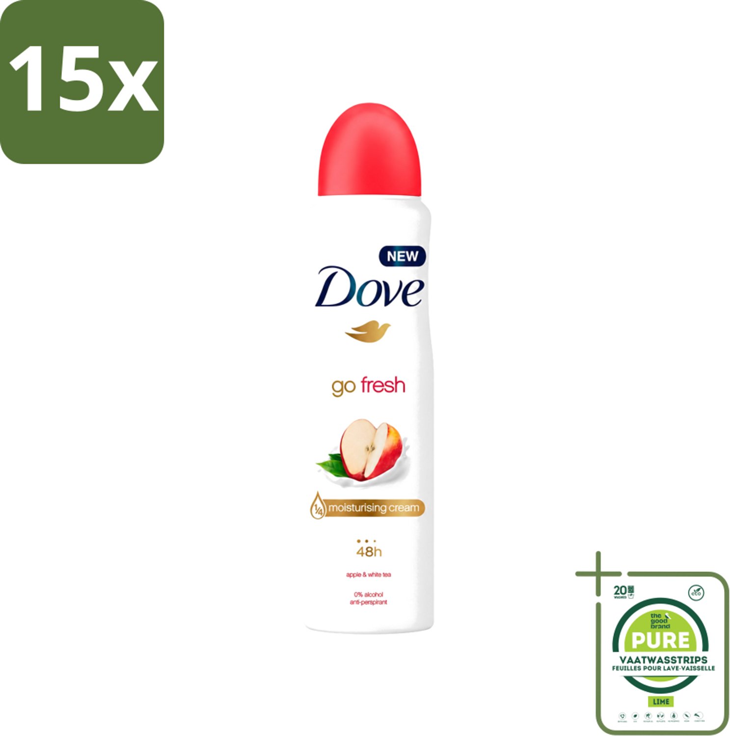 15 x Dove - Deodorant - Go Fresh Apple & White Tea - Verfrissend en fruitig - 250 ml - Grootverpakking - Vaatwasstrips - Dove Go Fresh Apple & White Tea - Anti-transpirant Spray - Fris Geur - Zweet En Geur Bescherming - Huid Verzorging