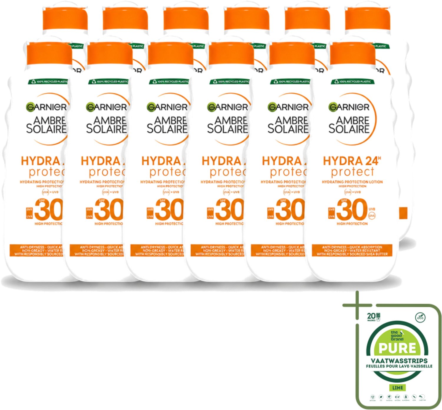 12 x Garnier - Ambre Solaire - Hydraterende Zonnebrand Melk - SPF 30 - 200 ml - Grootverpakking - Vaatwasstrips - Zonnescherm - Zonnebrandmelk - Hydraterende Zonnebrandmelk - SPF 30 - Zonbescherming