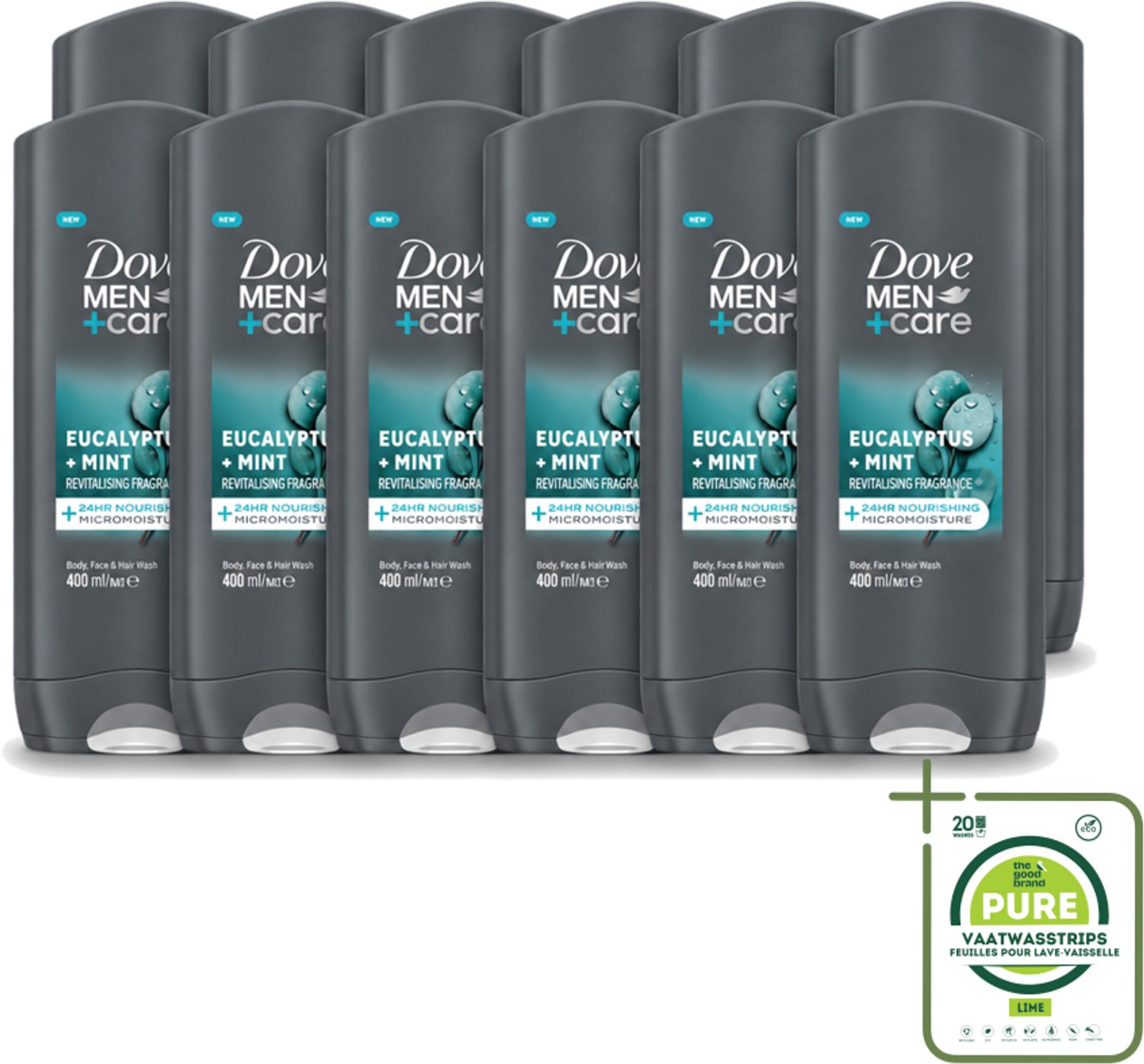 12 x Dove - Douchegel - Men+ Care Eucalyptus + Mint - Verfrissend en kalmerend - 400 ml - Grootverpakking - Vaatwasstrips - Douchegel Voor Mannen - Eucalyptus En Munt - Hydratatie Huid - Verzorging Voor Mannen - 3-in-1 Douchegel