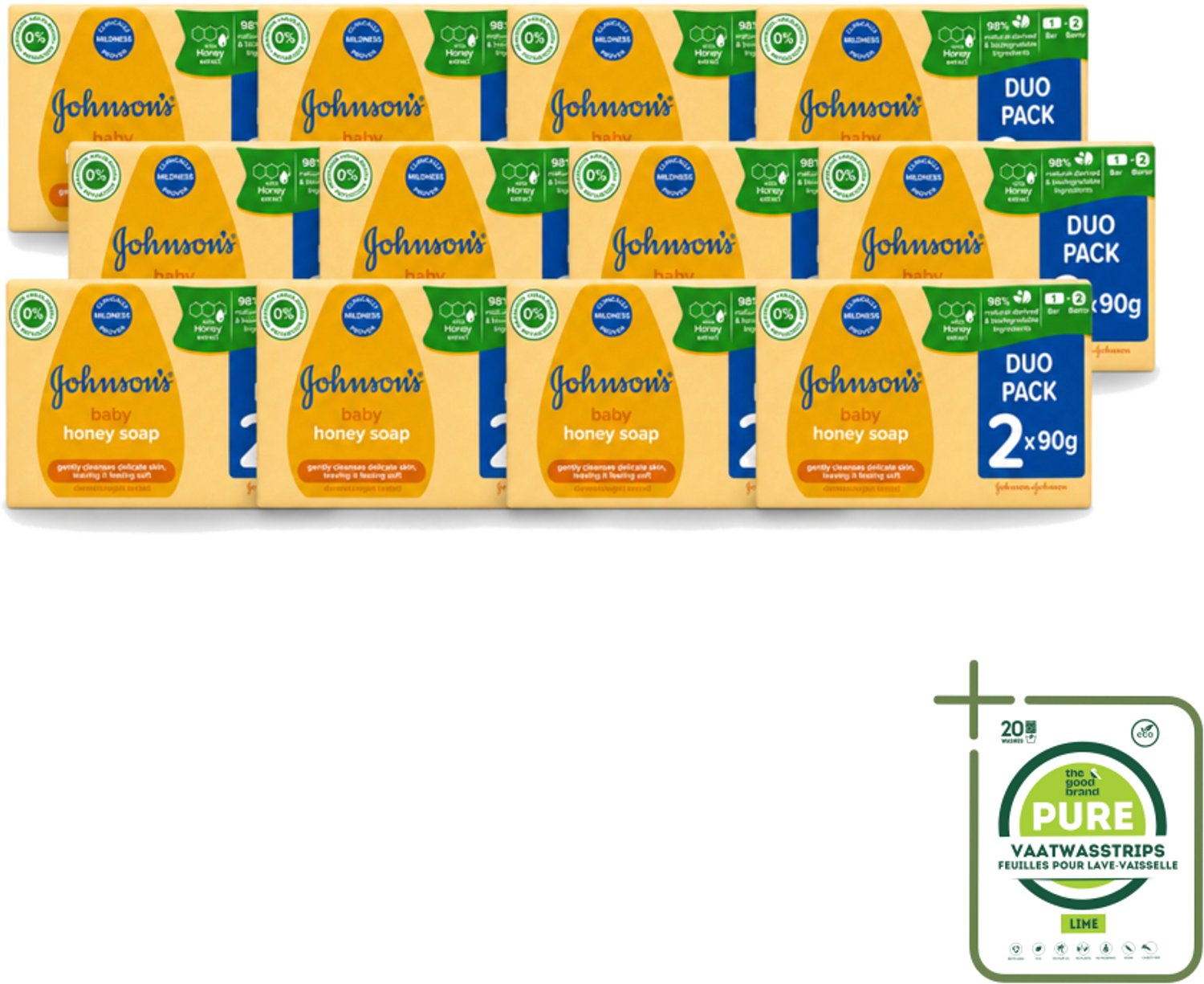 12 x Johnson's - Baby Honey Soap - Zacht - Reinigt Gevoelige Huid - 2 x 90 g - Grootverpakking - Vaatwasstrips - Babyhuid Reinigen - Honing Zeep - Gevoelige Huid - Zachte Zeep - Baby Zeep